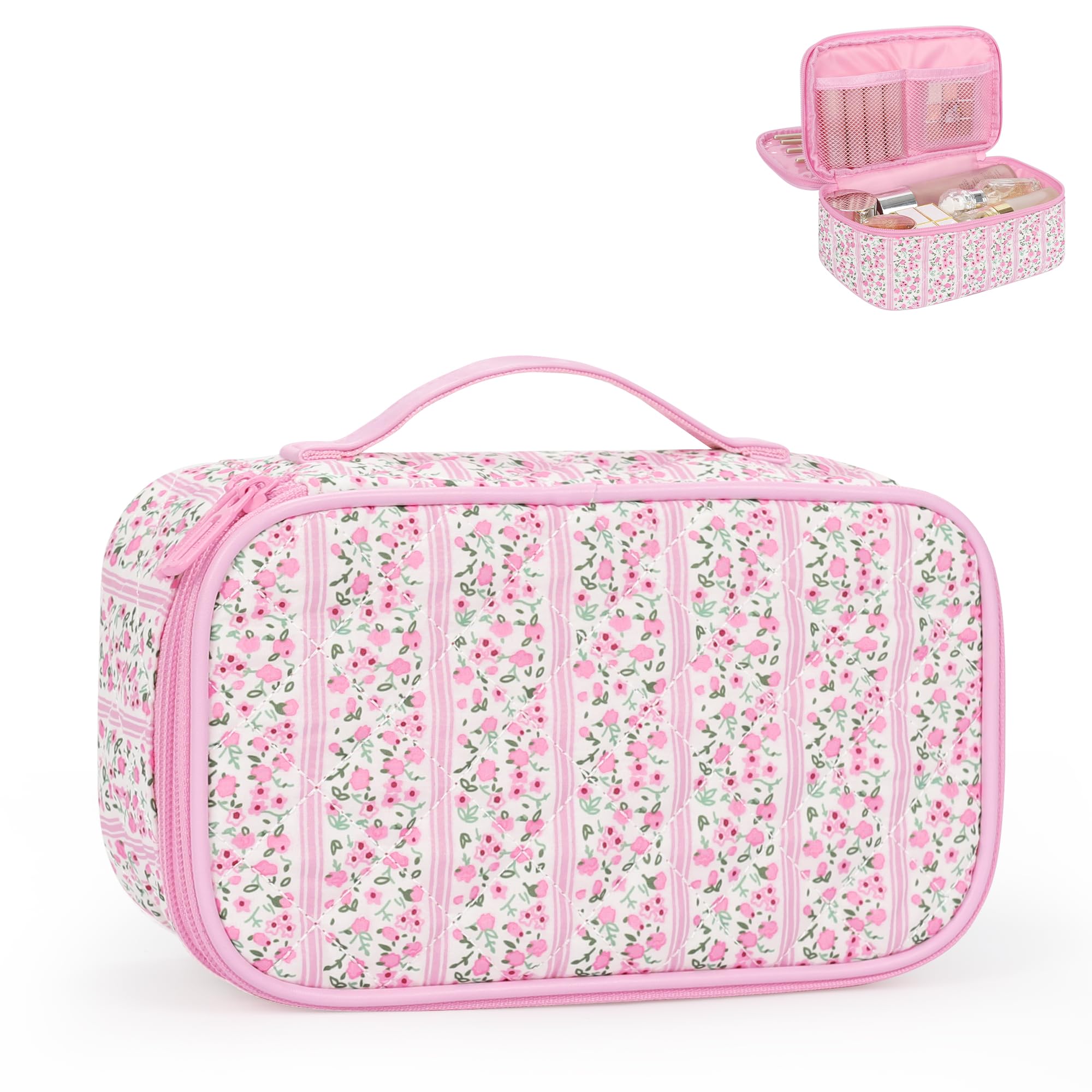 Relavel cute makeup bag pink, front view, portable organizer for daily beauty essentials.