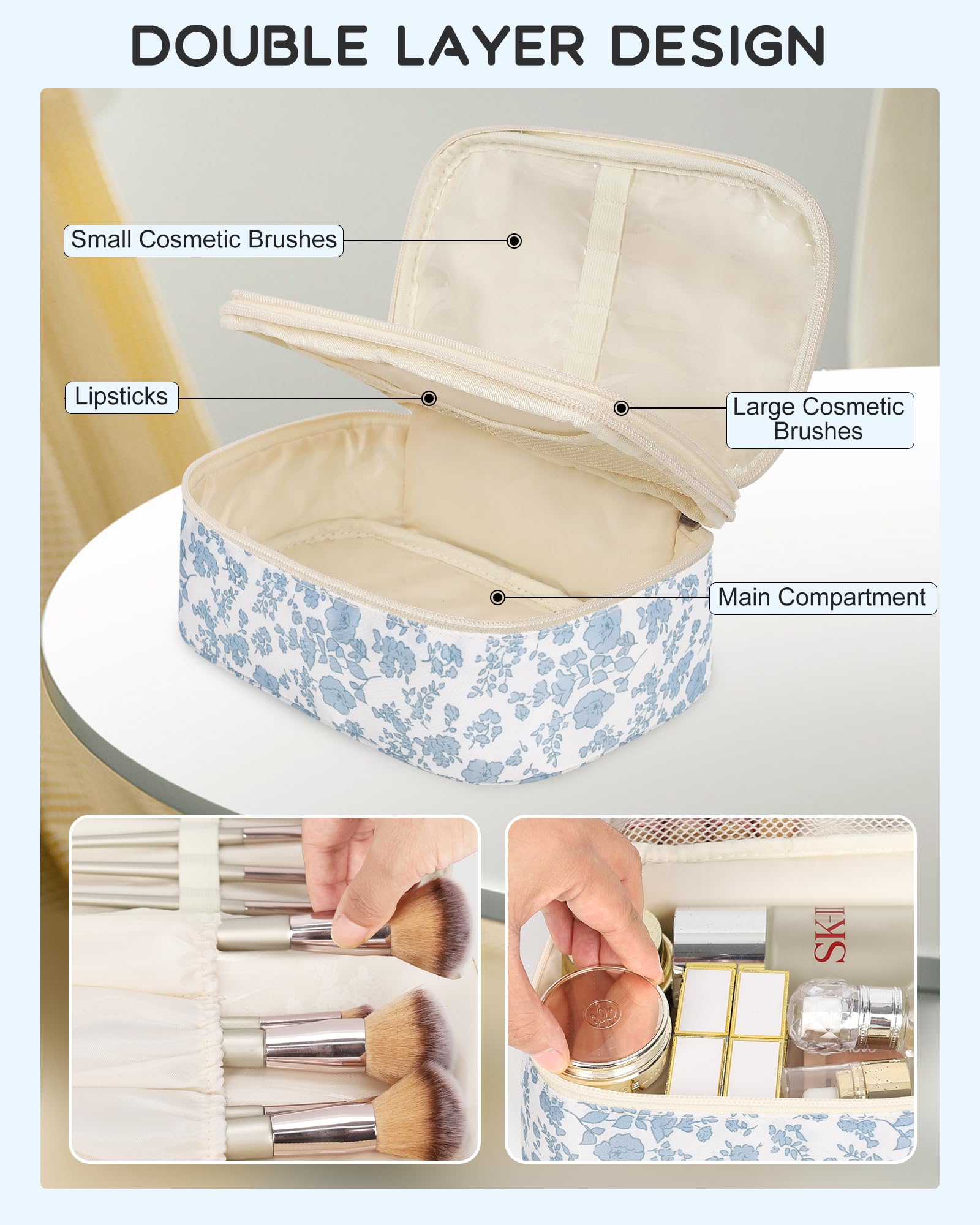 Relavel double-layer makeup bag with organized storage zones.