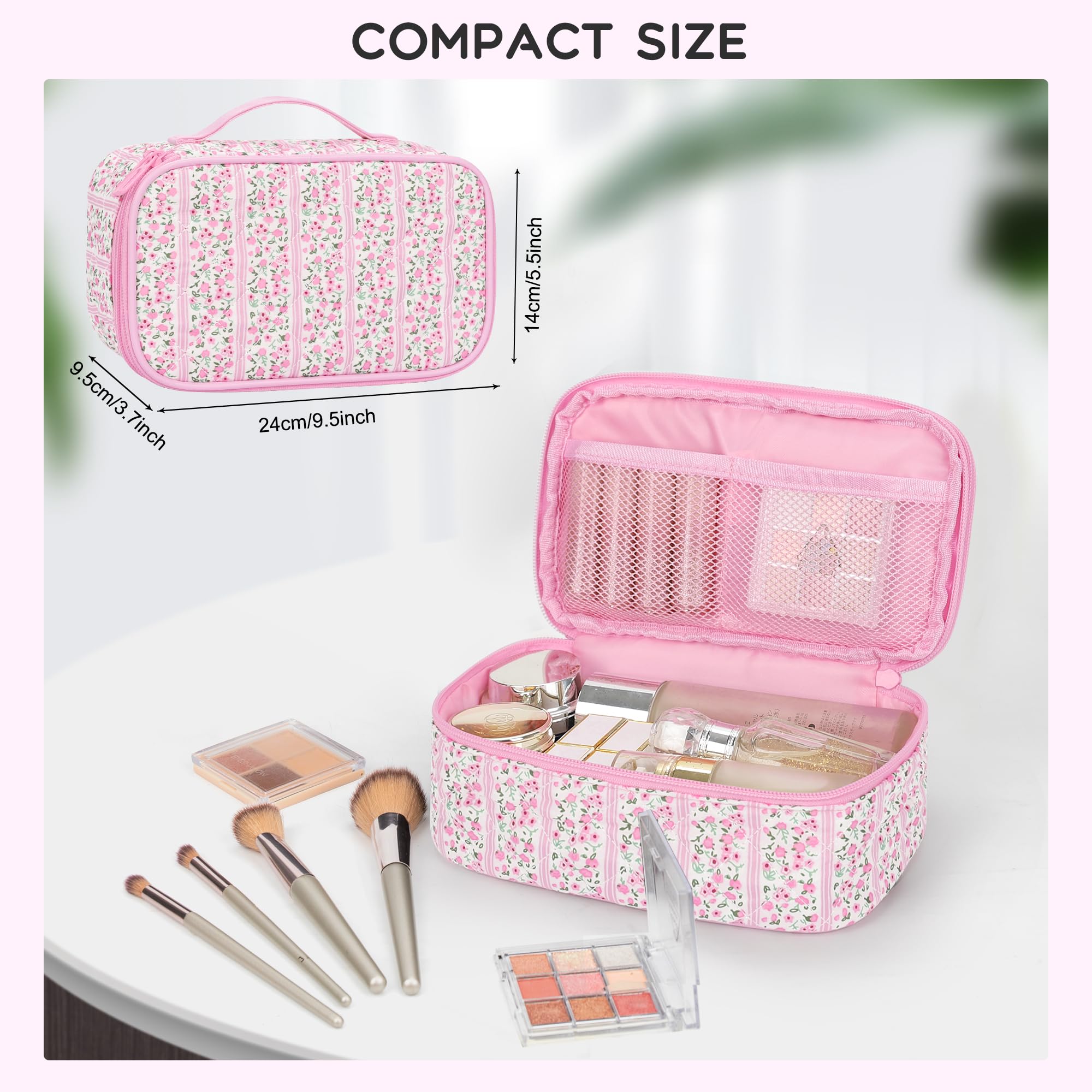 Relavel dual-layer makeup bag top layer with elastic bands and brush holders for easy access.