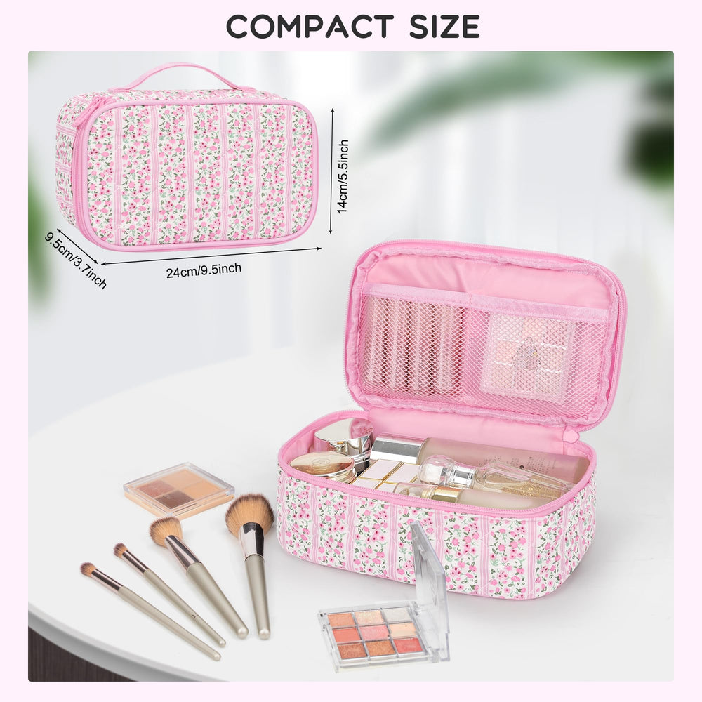 Relavel dual-layer makeup bag top layer with elastic bands and brush holders for easy access.