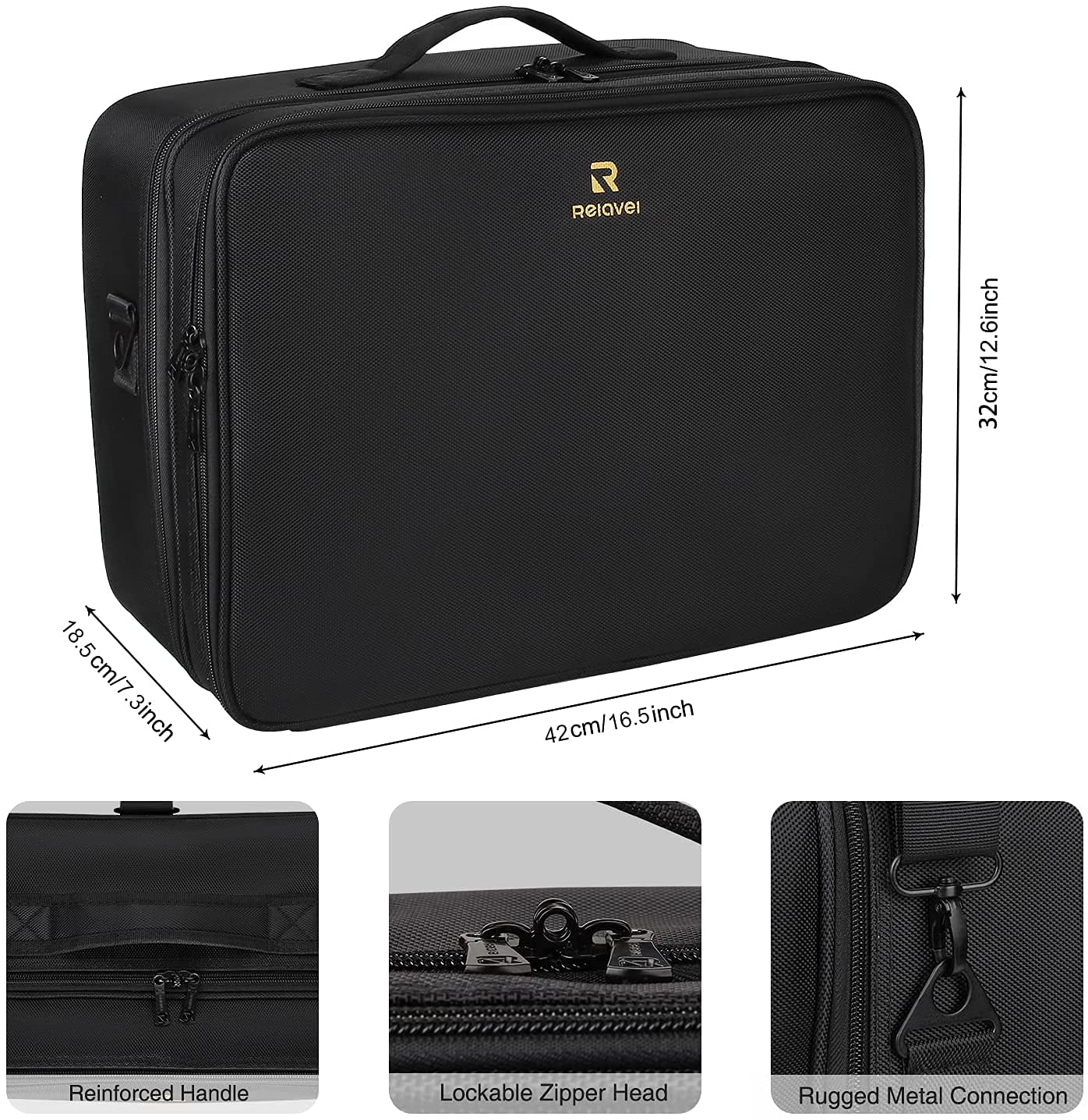 Relavel extra large makeup case open layout shows adjustable dividers for customizable storage.