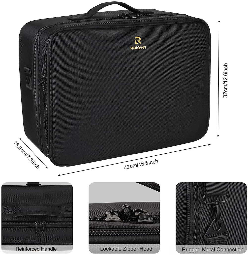 Relavel extra large makeup case open layout shows adjustable dividers for customizable storage.