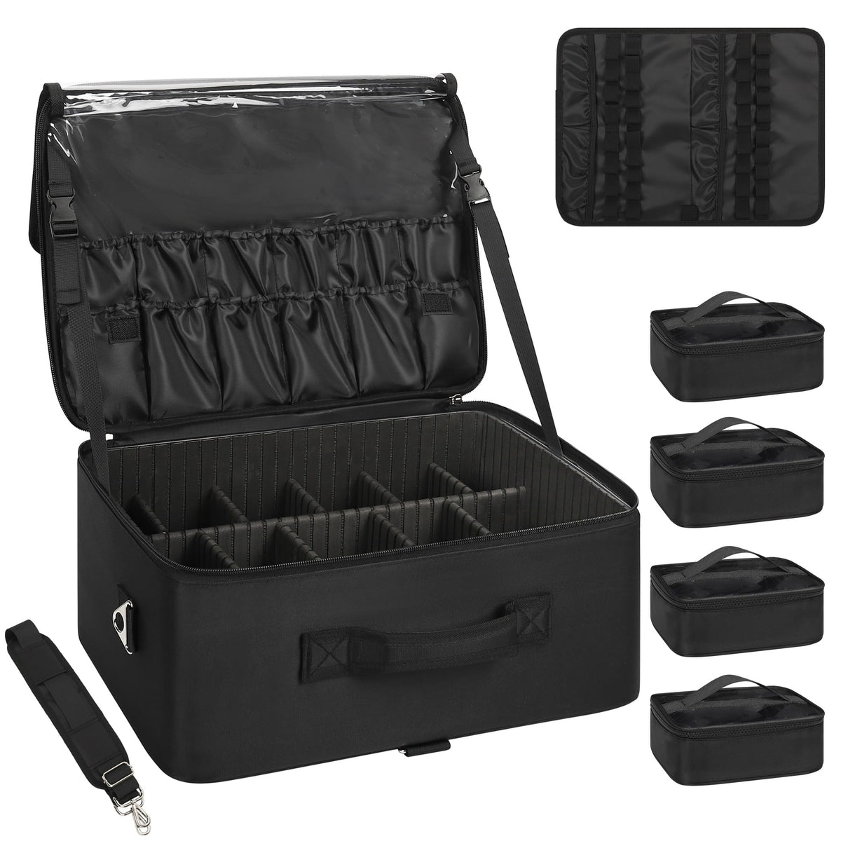 Relavel extra large makeup case opened to show ample storage and compartments for organization