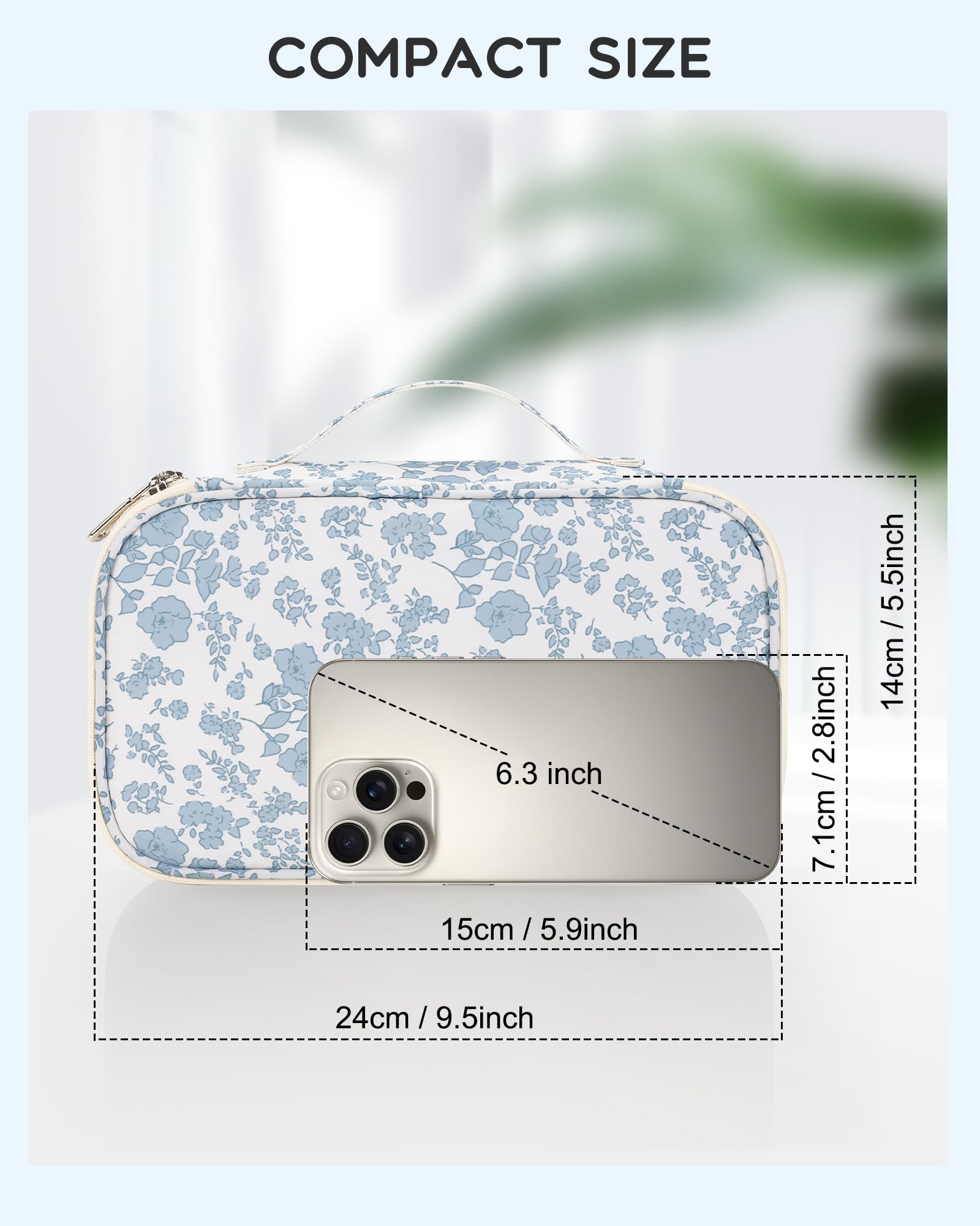 Relavel floral cosmetic bag open with brush compartments for quick access.