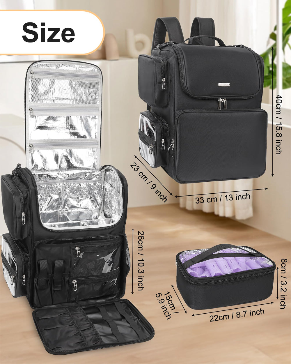 Relavel front compartment elastic slots for combs keeps essentials organized.