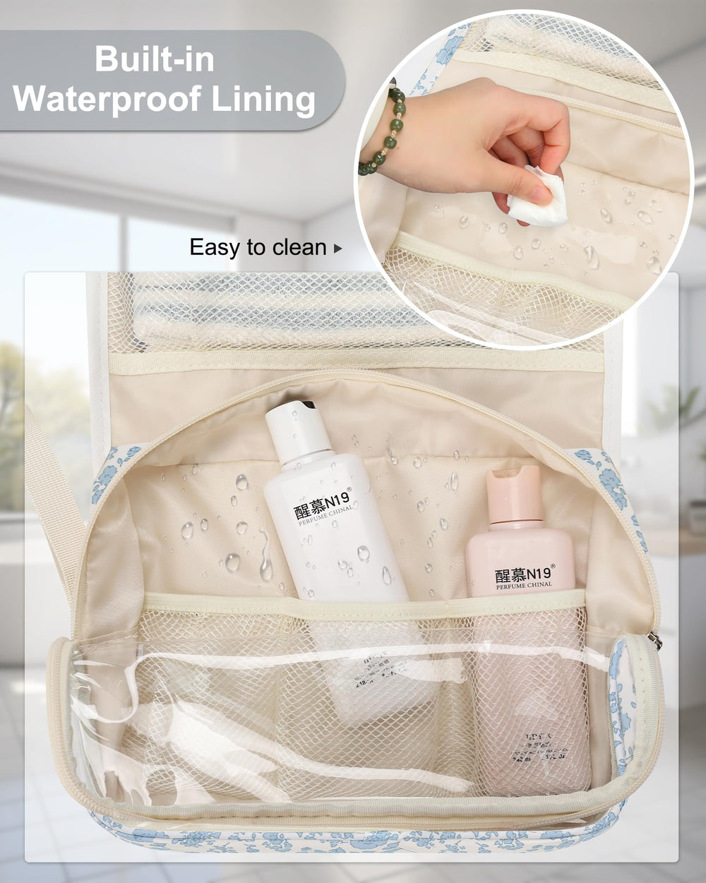 Relavel hanging toiletry bag 360 swivel hook in use