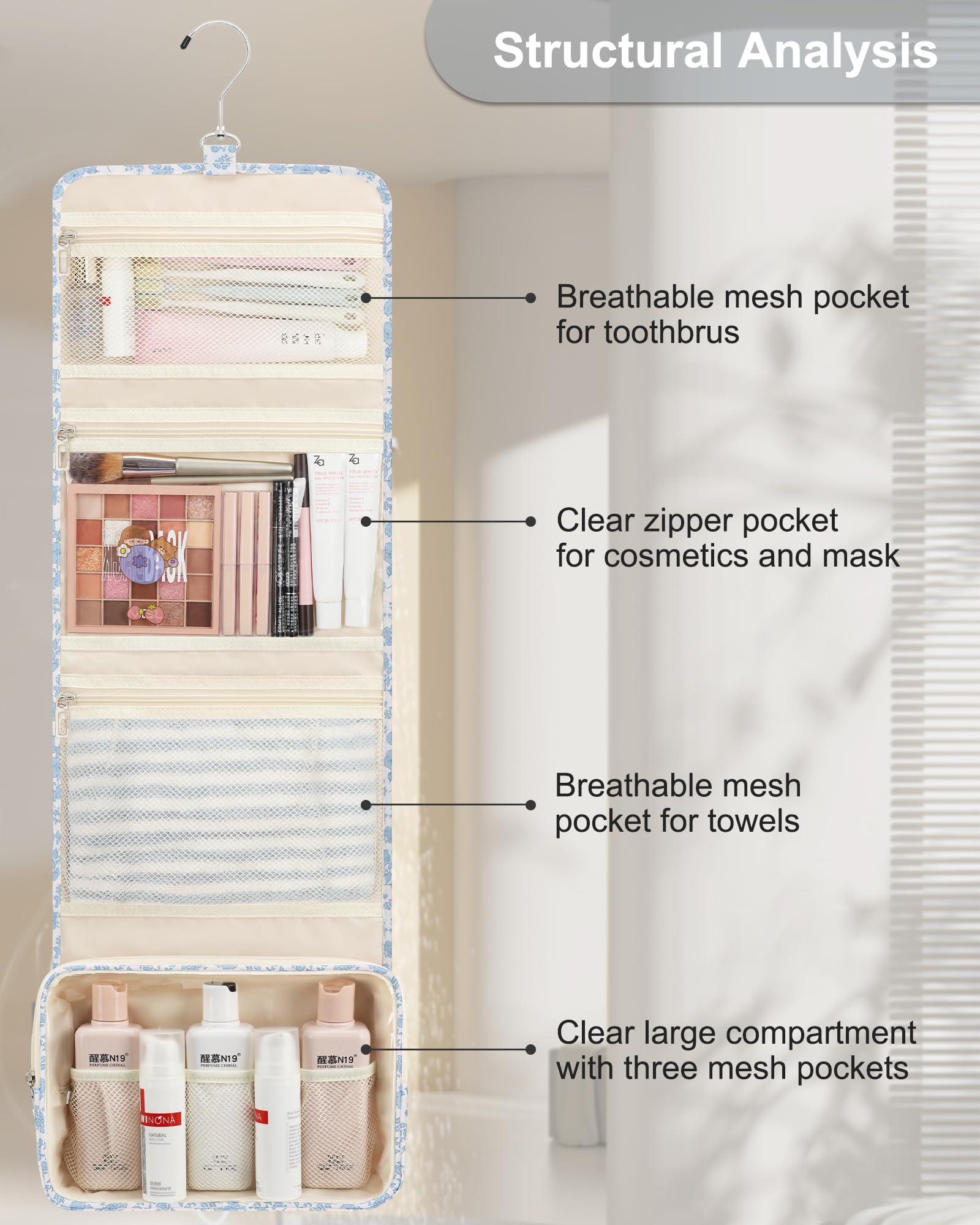Relavel hanging toiletry bag showing water-resistant fabric