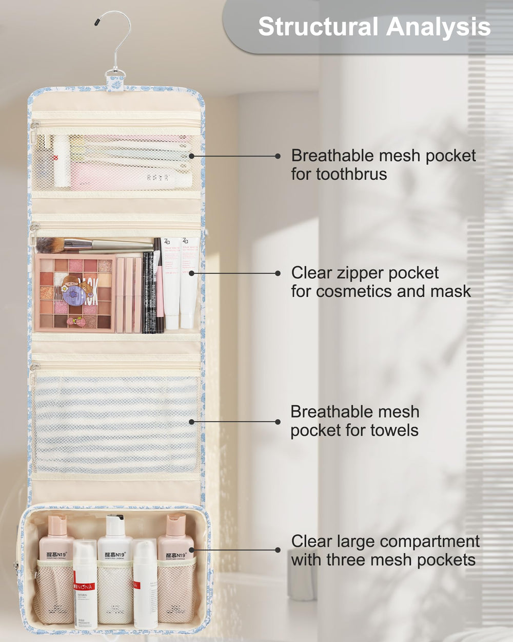 Relavel hanging toiletry bag showing water-resistant fabric