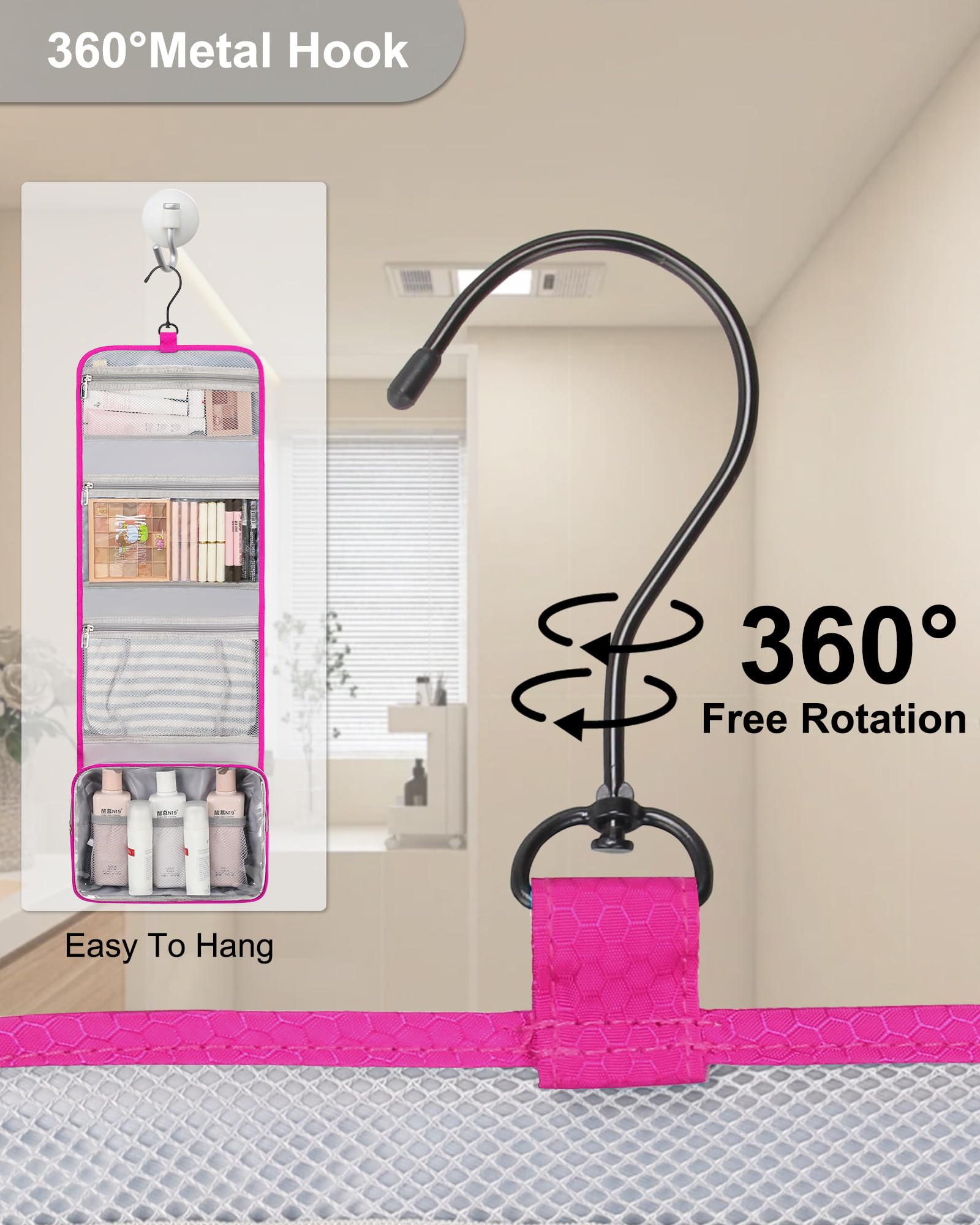 Relavel hanging travel toiletry bag 360 swivel hook provides versatile hanging options