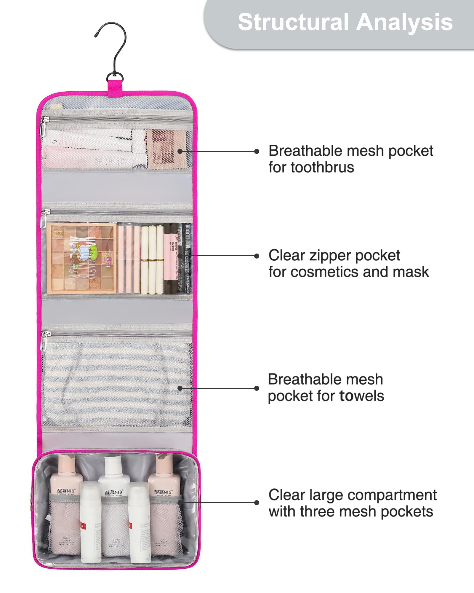 Relavel hot-pink hanging toiletry bag designed for feminine style and organization