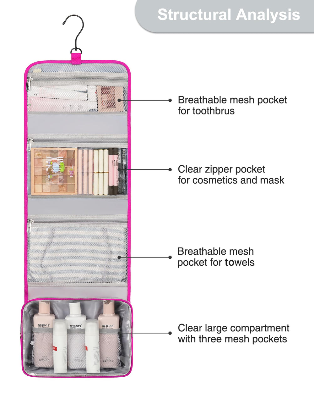Relavel hot-pink hanging toiletry bag designed for feminine style and organization