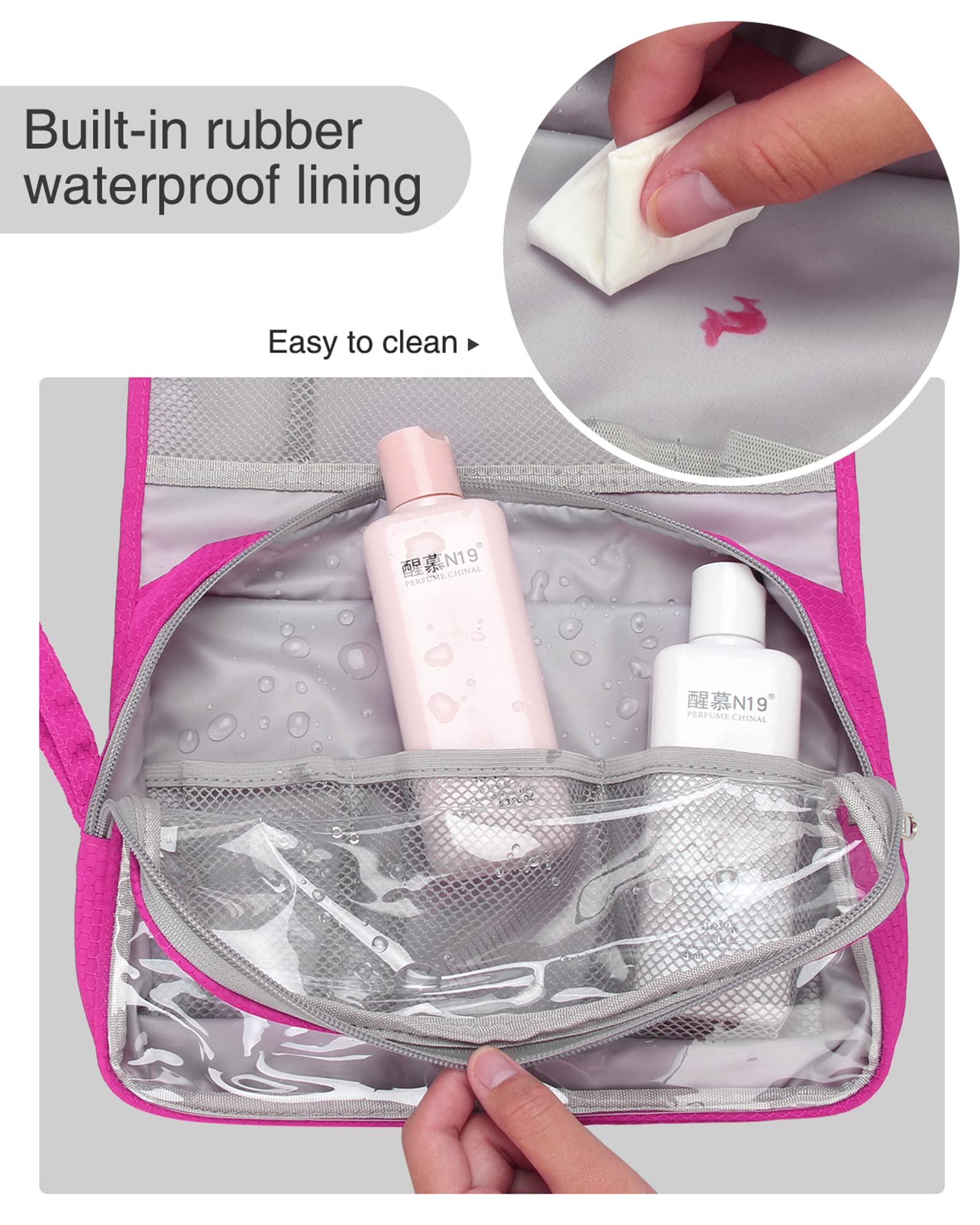 Relavel hanging toiletry bag in-use on counter keeps items tidy while packing