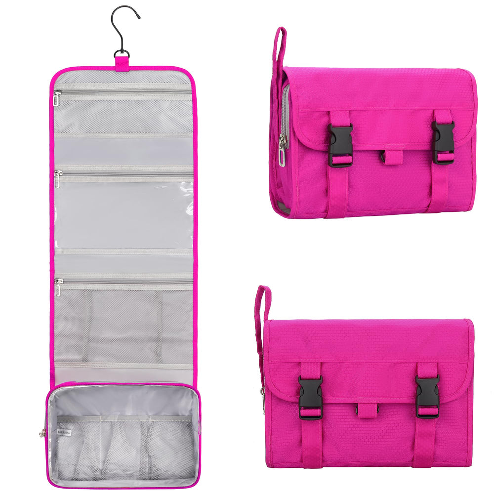 Relavel hanging travel toiletry bag open view with organized compartments for easy packing