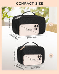 Relavel makeup bag interior with compartments to organize cosmetics.