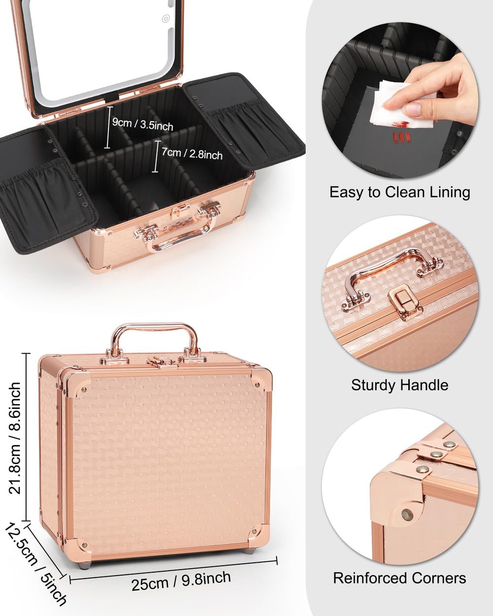 Relavel makeup bag with LED mirror open view showing adjustable lighting for precision makeup.