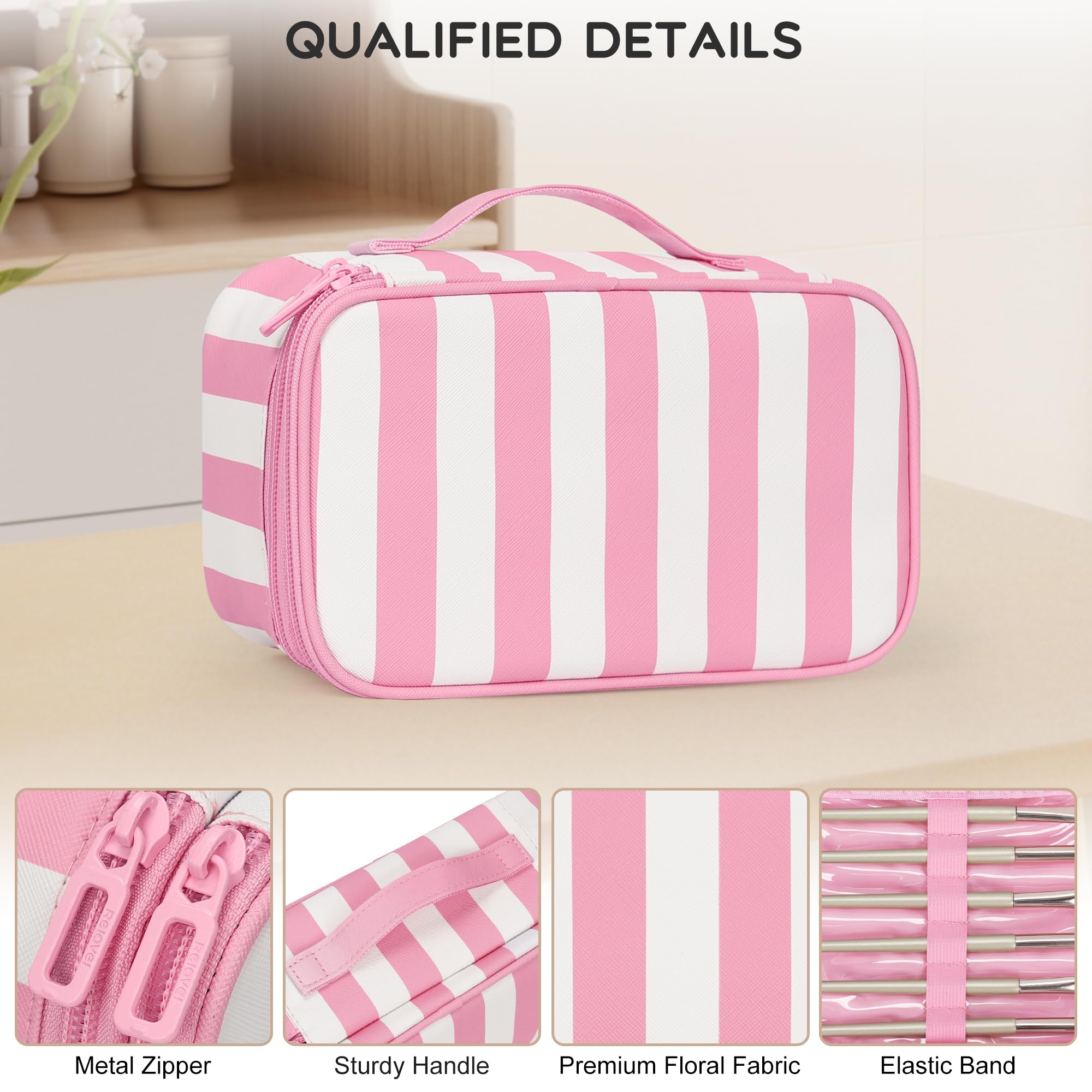 Relavel makeup brush compartment on first layer with four brush holders.