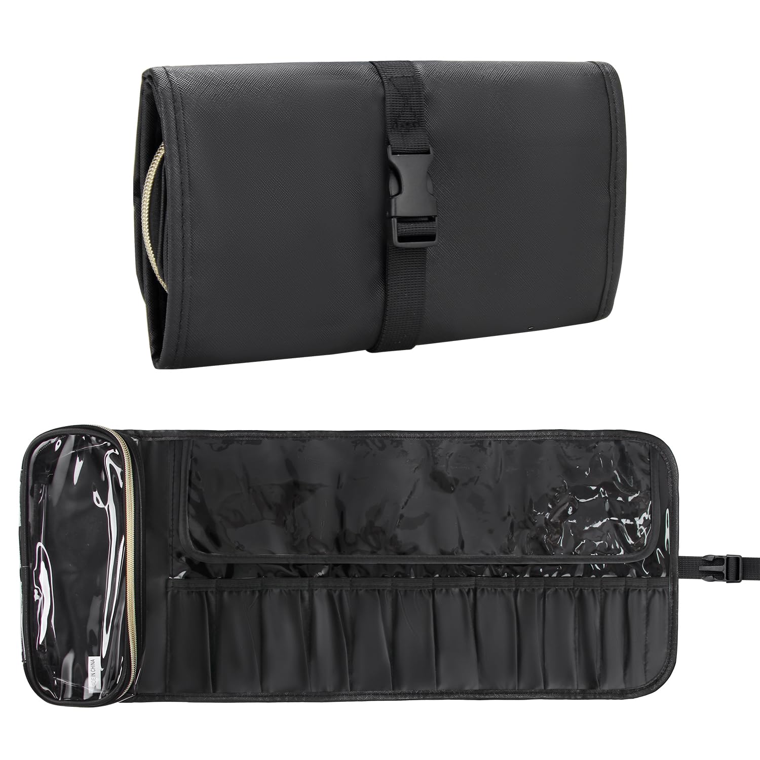 Relavel makeup brush holder roll-up design for easy access during on-location makeup sessions.