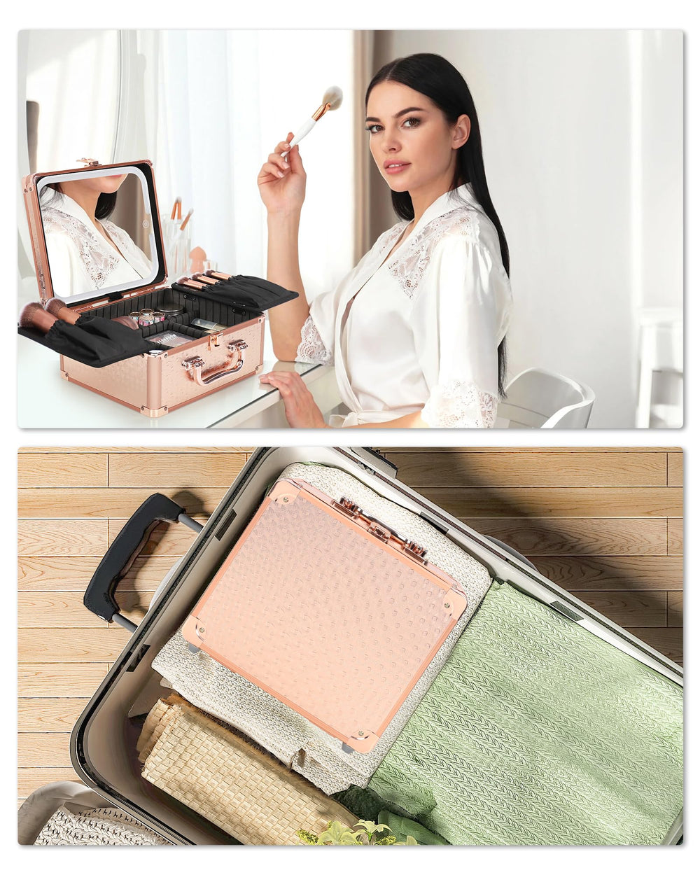 Relavel makeup case 360-degree rotating mirror for versatile angles.