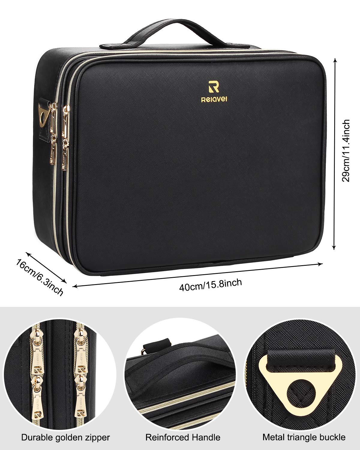 Relavel makeup case with adjustable dividers enables custom layouts for cosmetics.
