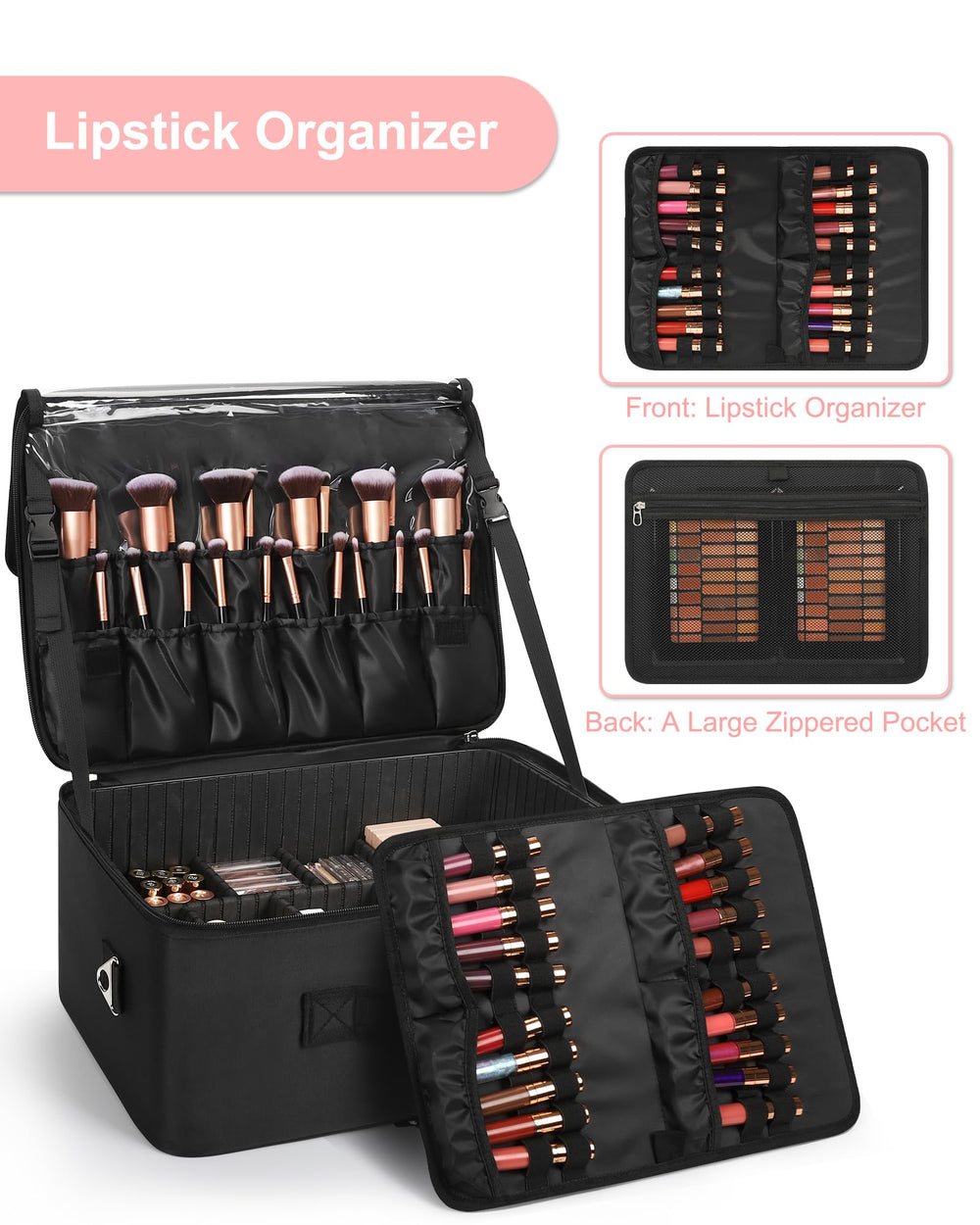 Relavel makeup case brush section designed to hold 50–60 brushes securely