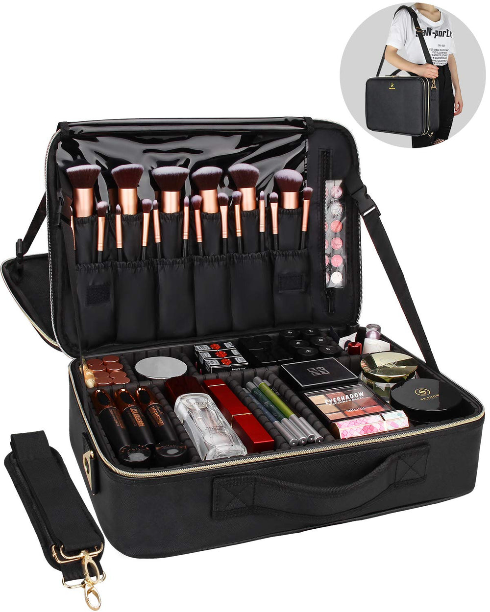 Relavel makeup case features 12 elastic brush slots keeping brushes protected.