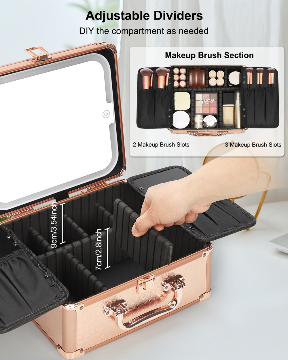 Relavel makeup case customizable partitions for cosmetics and brushes.