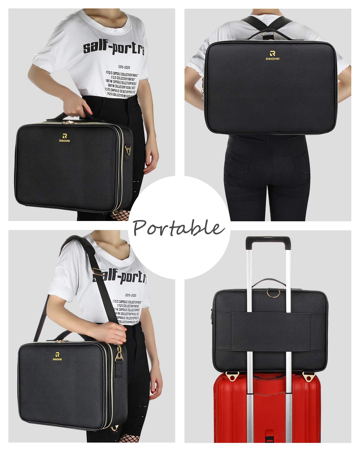 Relavel makeup case with multiple pockets keeps essentials organized on the go.