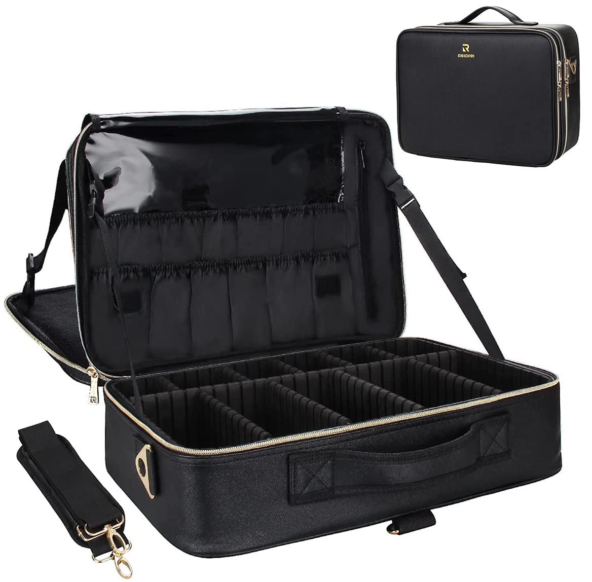 Relavel makeup case open showing three adjustable layers for flexible organization.
