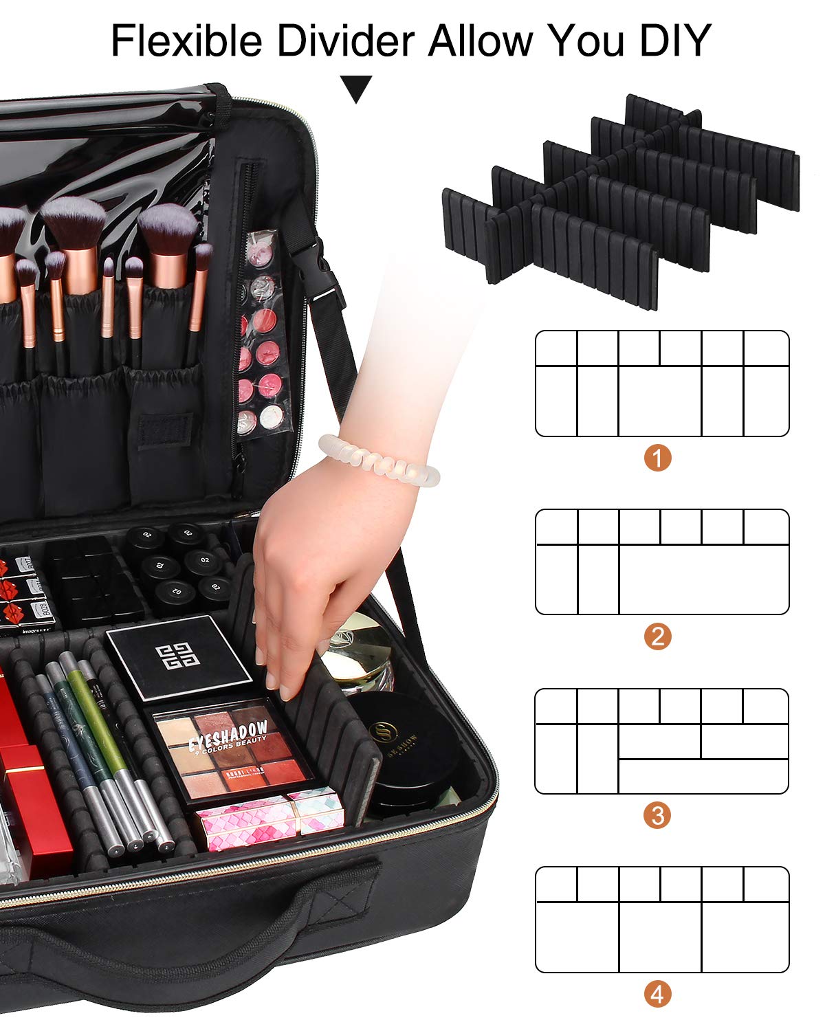 Relavel makeup case includes shoulder strap and padding for comfortable carrying.