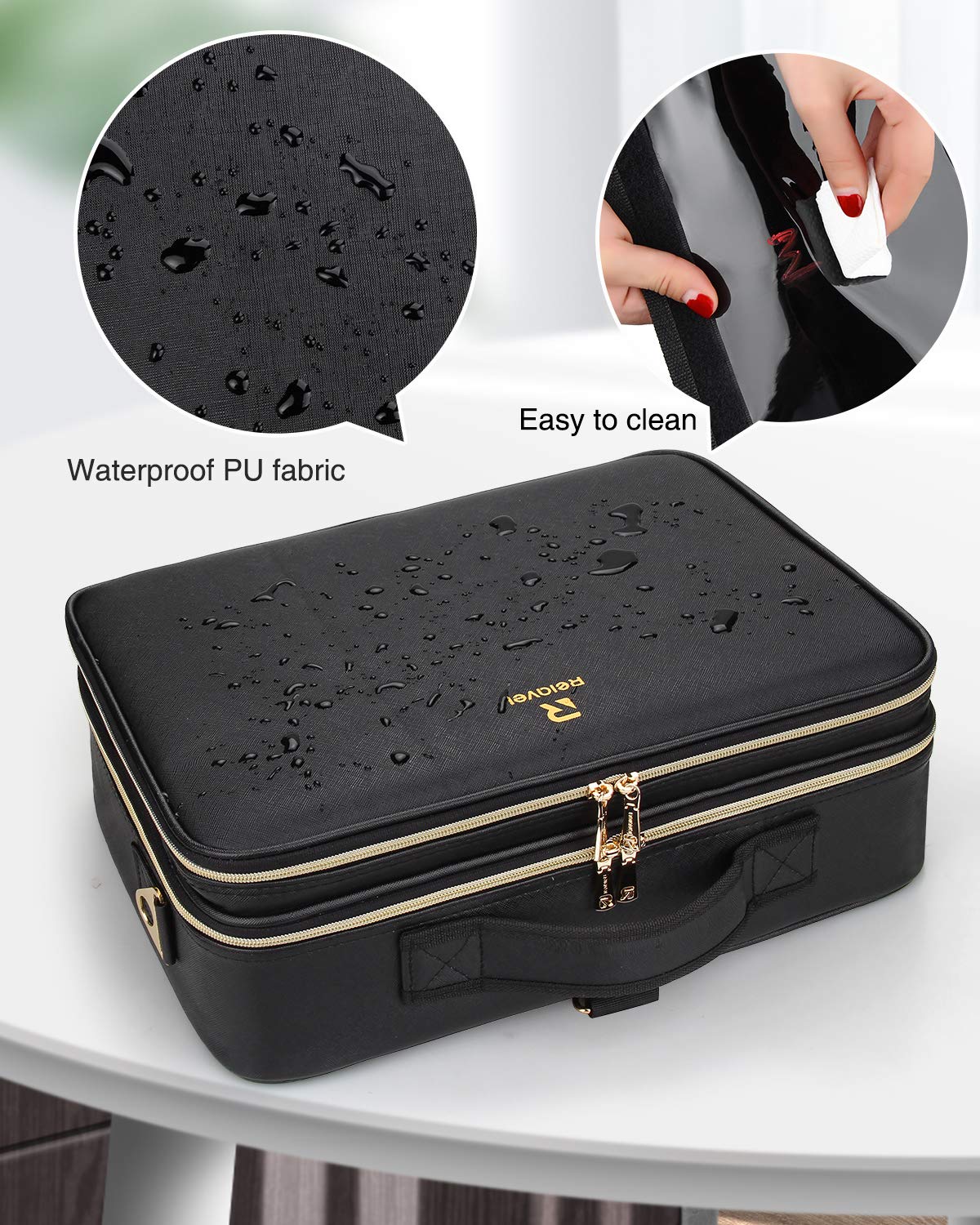 Relavel makeup case can attach to a trolley for hands-free travel.