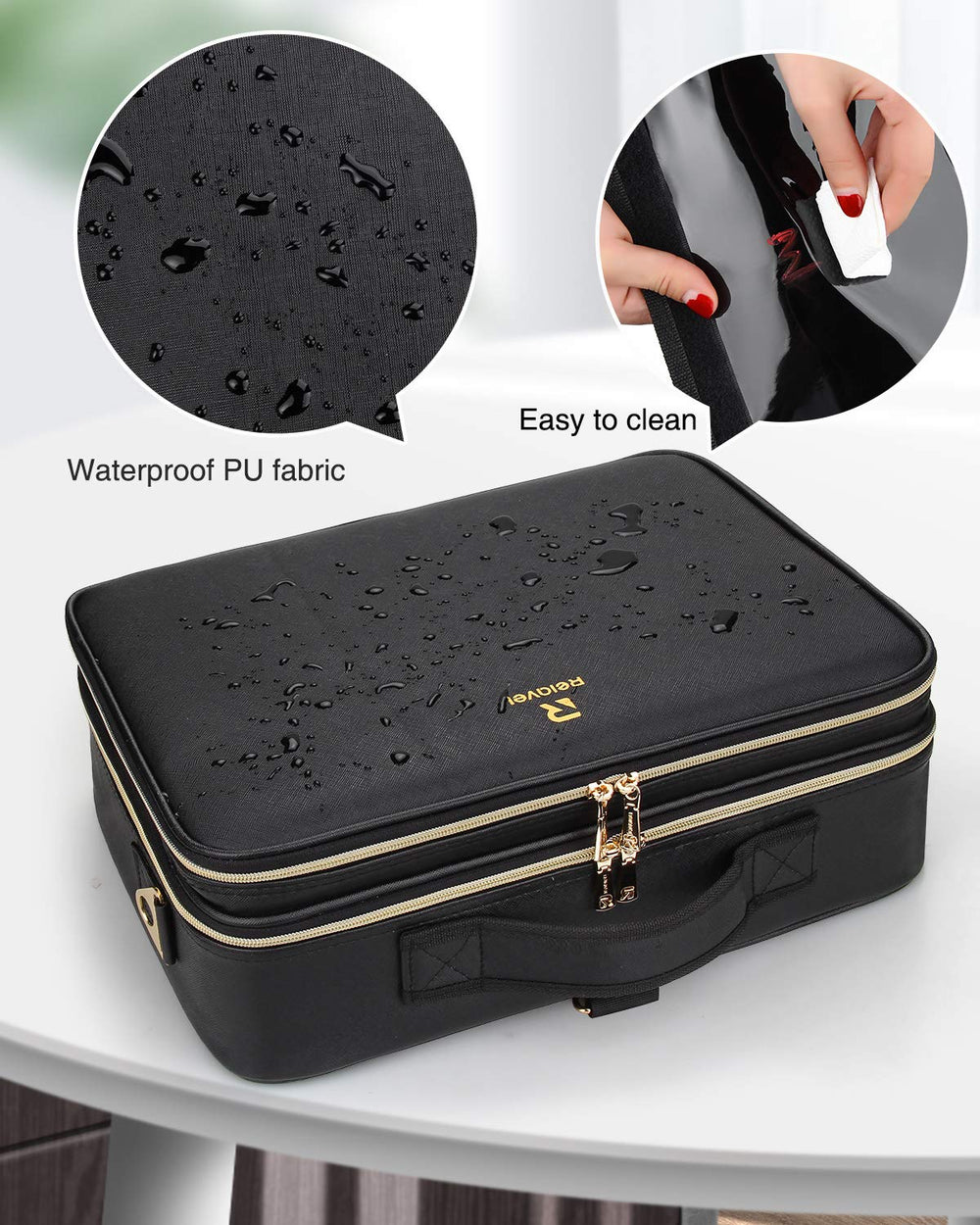 Relavel makeup case can attach to a trolley for hands-free travel.