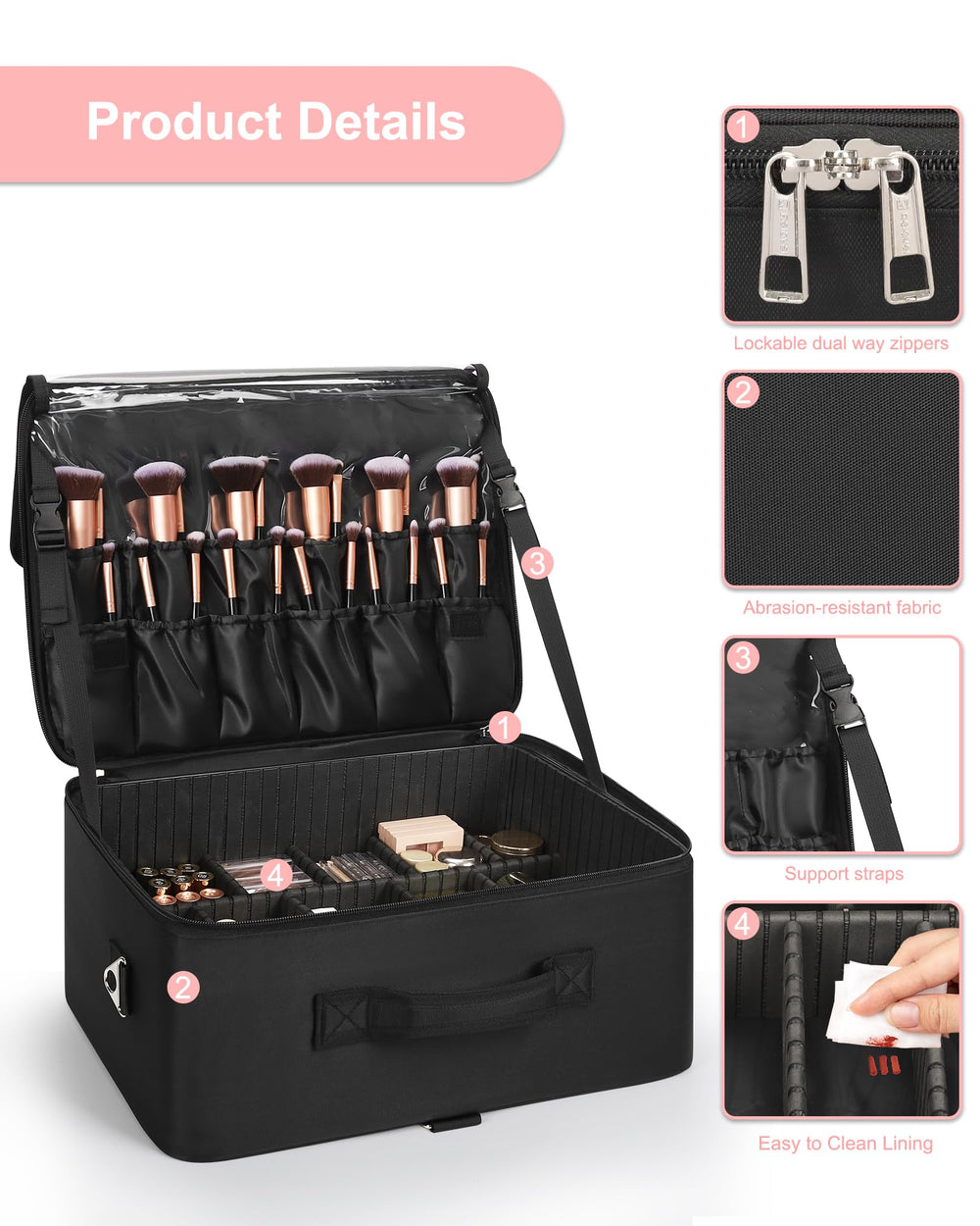 Relavel makeup case attached to trolley via luggage strap for easy transport