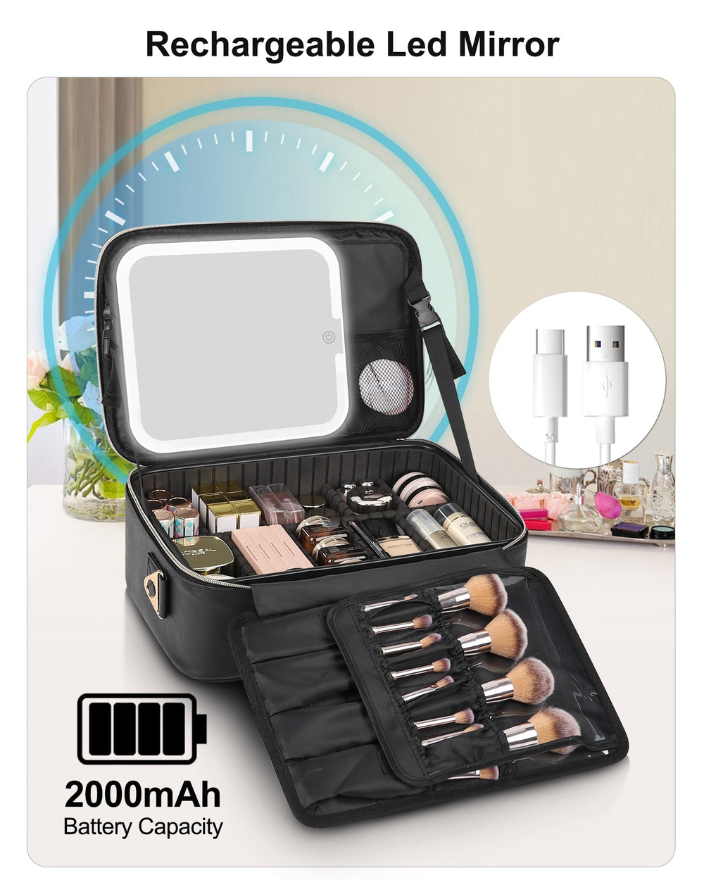Relavel makeup train case 2000mAh battery ensures LED lighting lasts during trips.