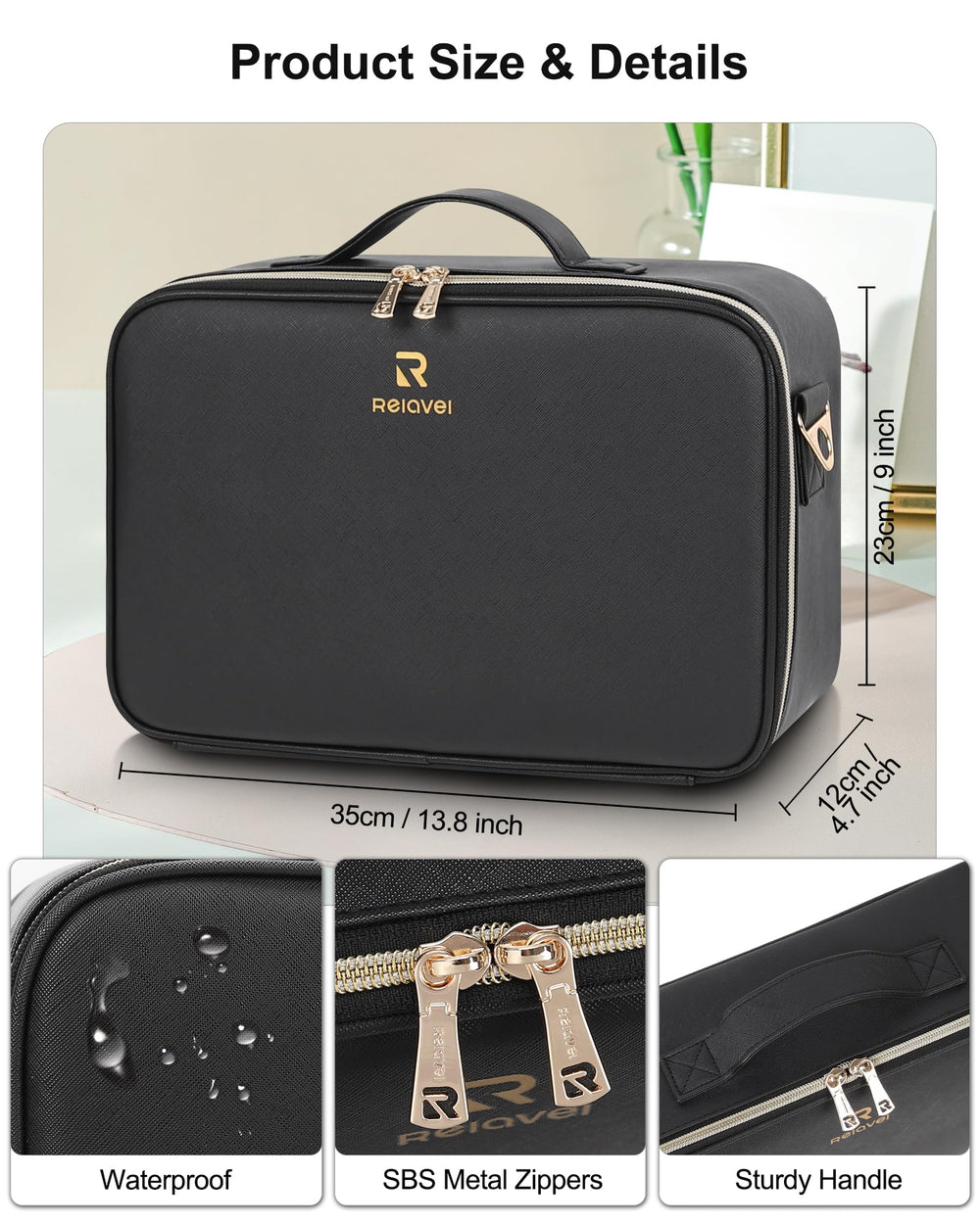 Relavel makeup train case 3-color light highlights true skin tones for accurate makeup.