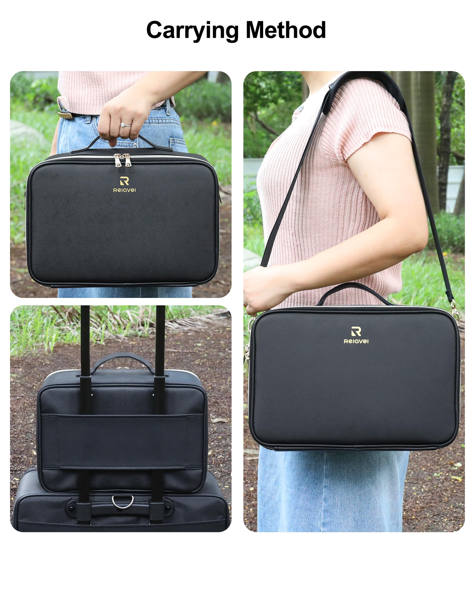 Relavel makeup train case brush-holder layout keeps tools organized for efficient routines.