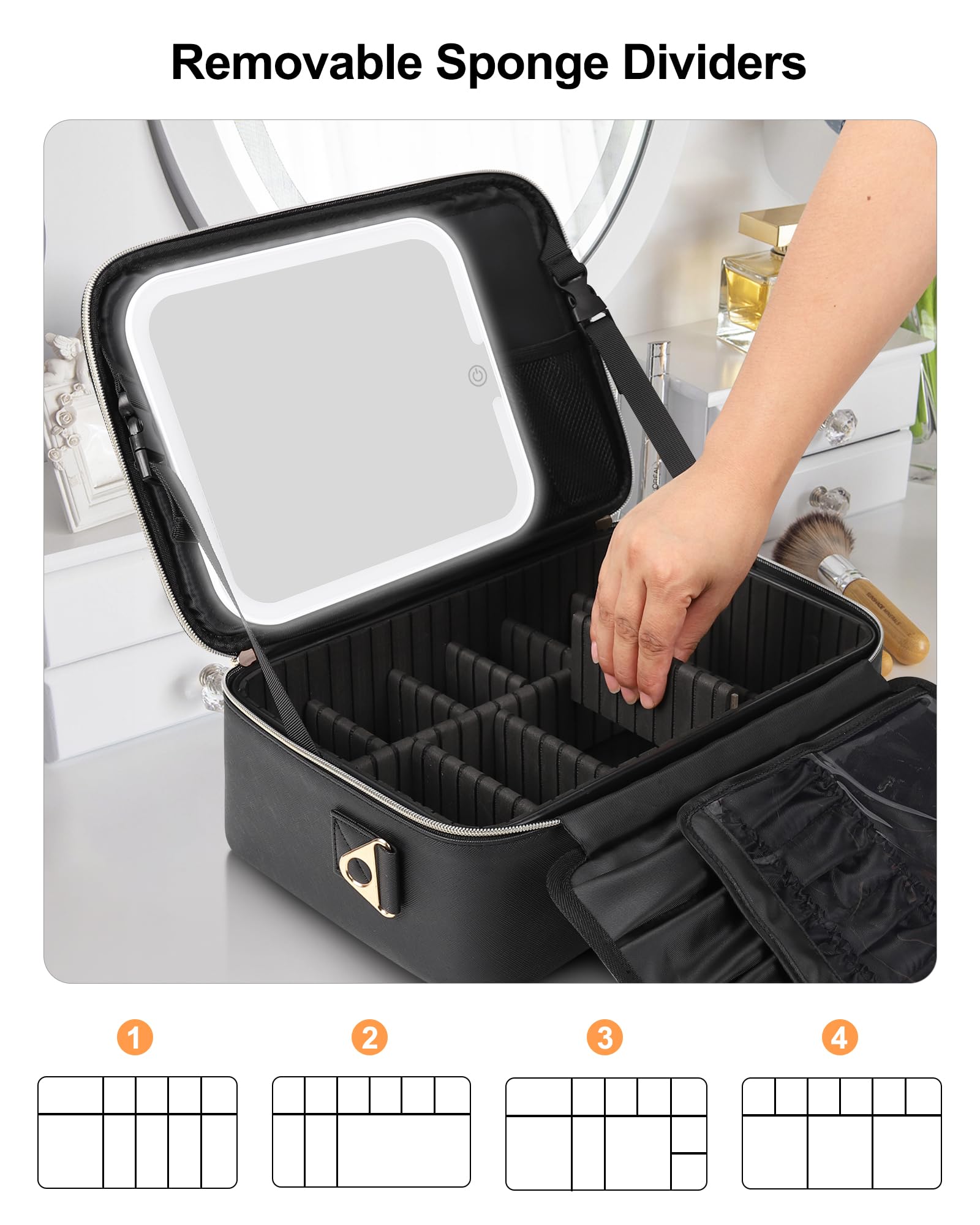 Relavel makeup train case detachable partitions reveal customizable storage for brushes and cosmetics.