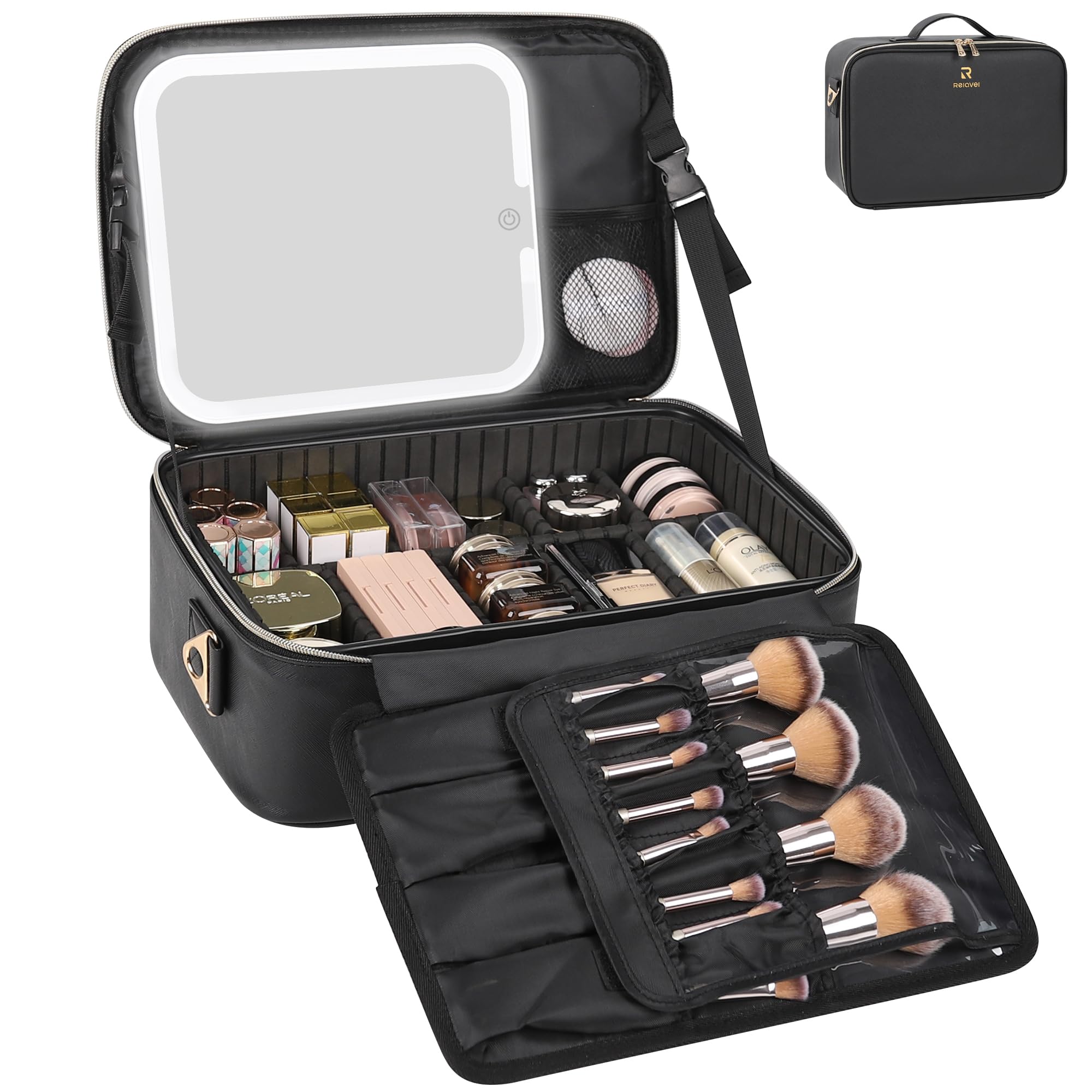 Relavel makeup train case with LED mirror closeup shows bright, adjustable lighting for precise makeup.