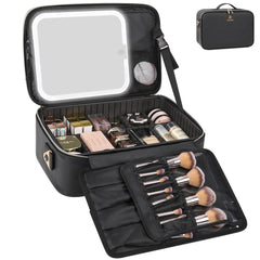 Relavel makeup train case with LED mirror closeup shows bright, adjustable lighting for precise makeup.