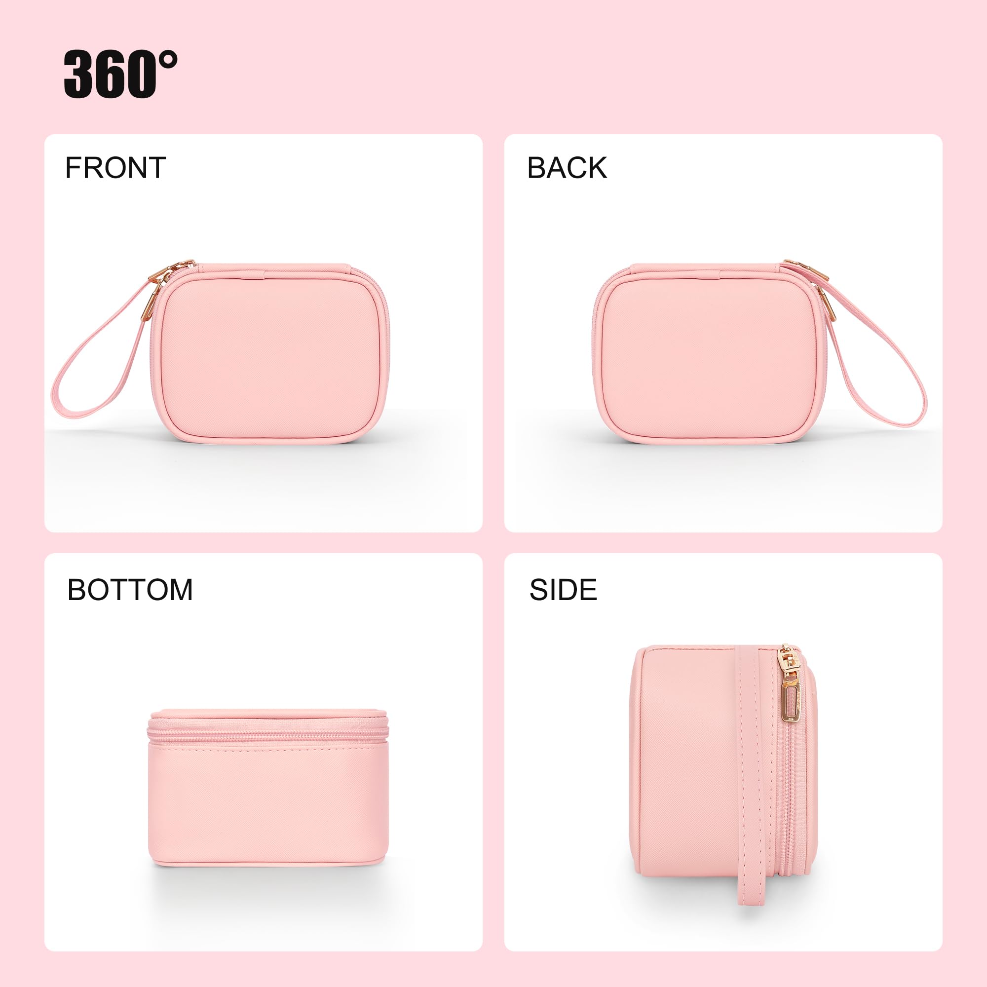 Relavel mini makeup bag pink satin finish protects cosmetics on the go.
