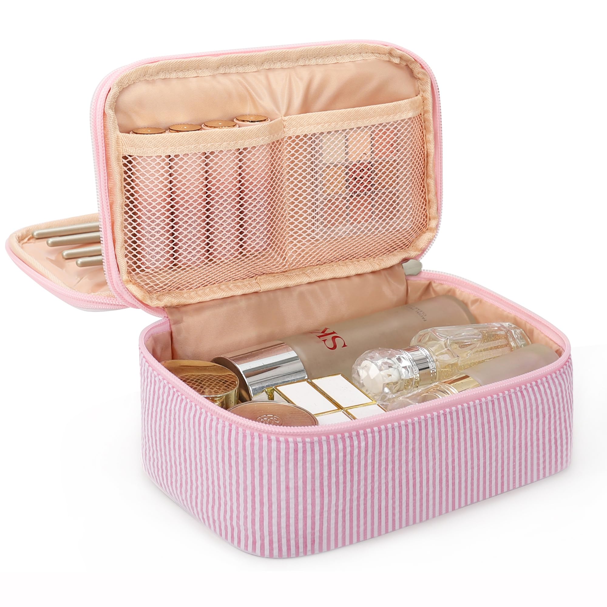 Relavel pink makeup bag front view highlights compact travel-friendly size