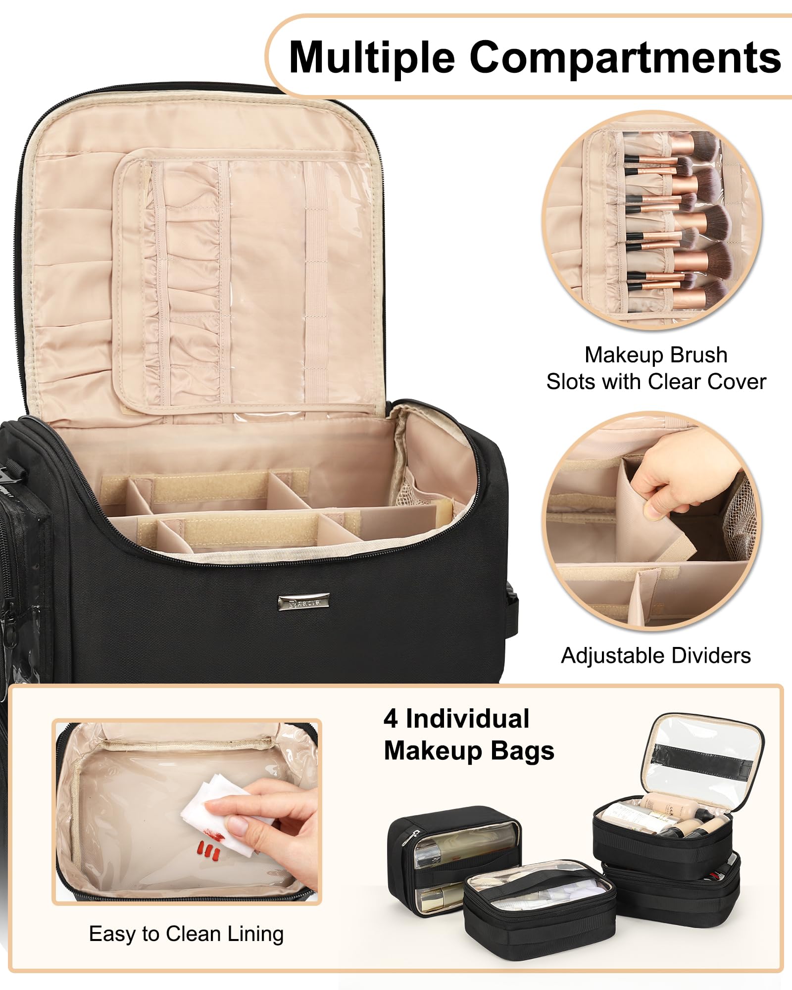 Relavel rolling makeup train case 360 wheels enable smooth quiet movement.