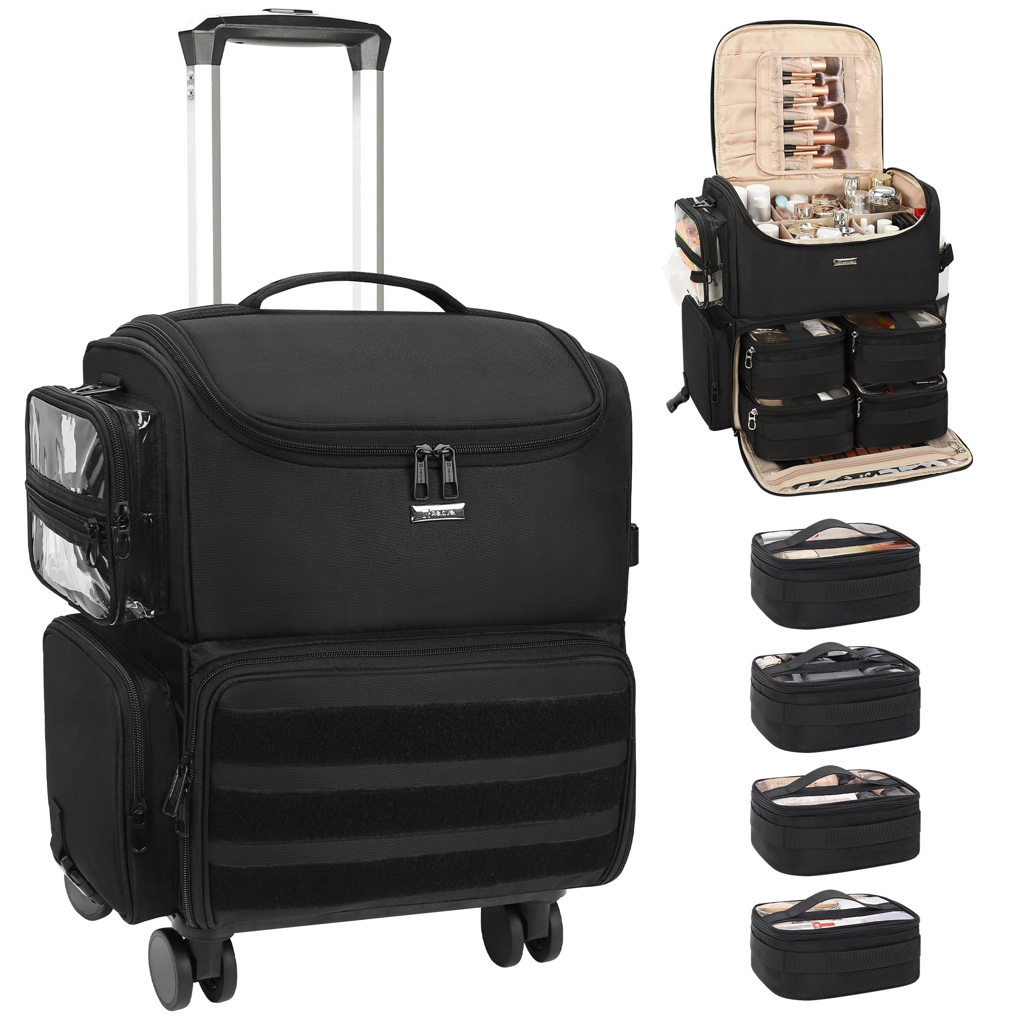 Relavel rolling makeup train case front view for easy studio-to-location transport.