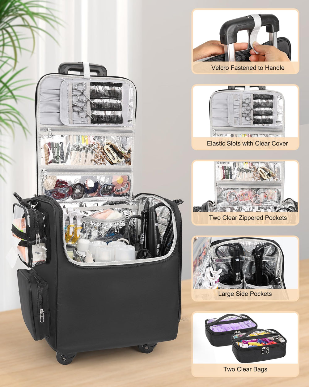 Relavel interior pockets and clear bags organize makeup accessories efficiently
