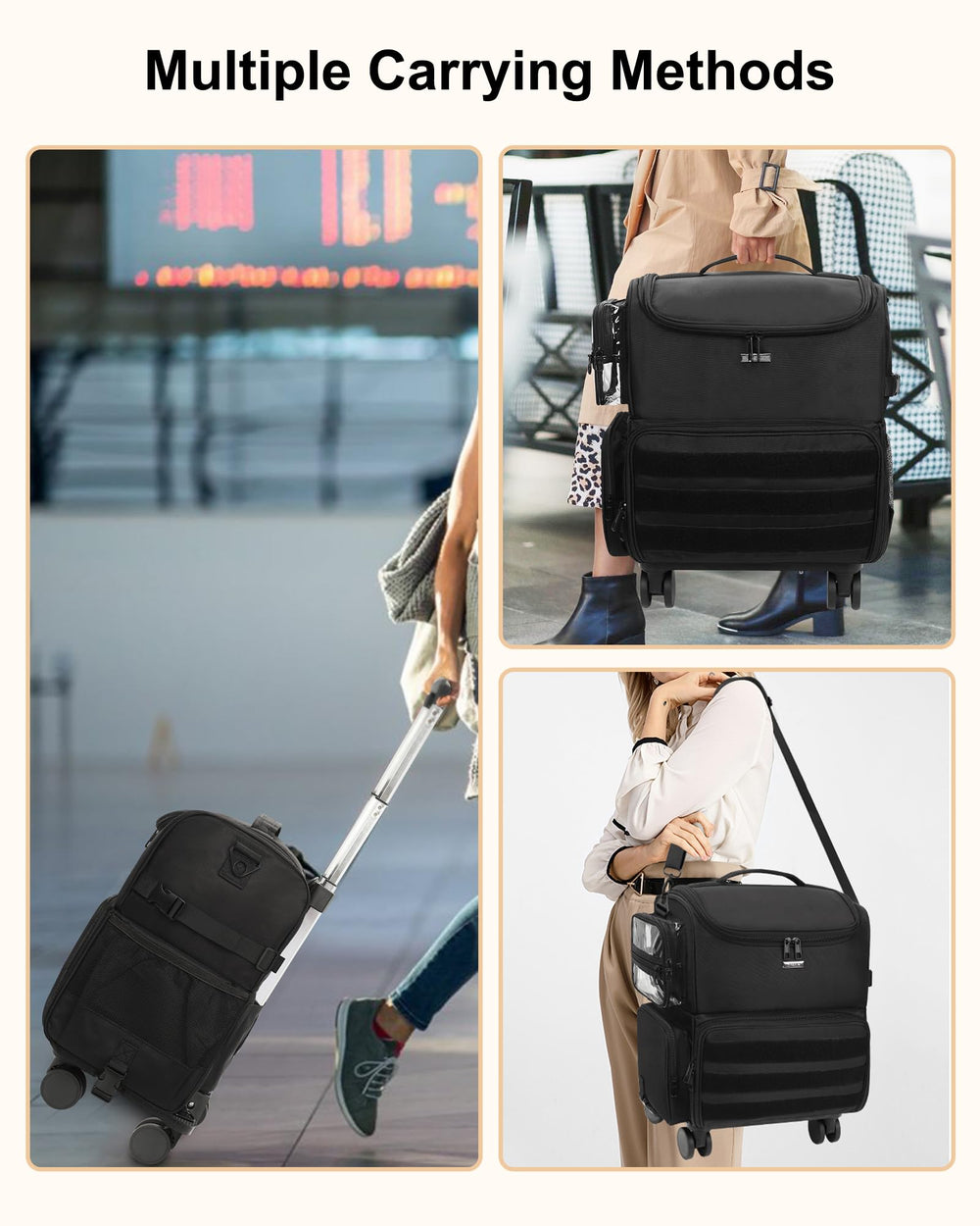 Relavel rolling makeup train case side pockets store tissues and essentials.