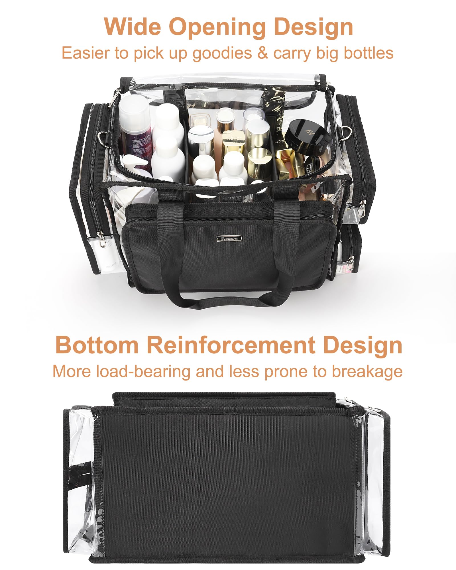 Relavel clear bag with shoulder and back straps fits over luggage.