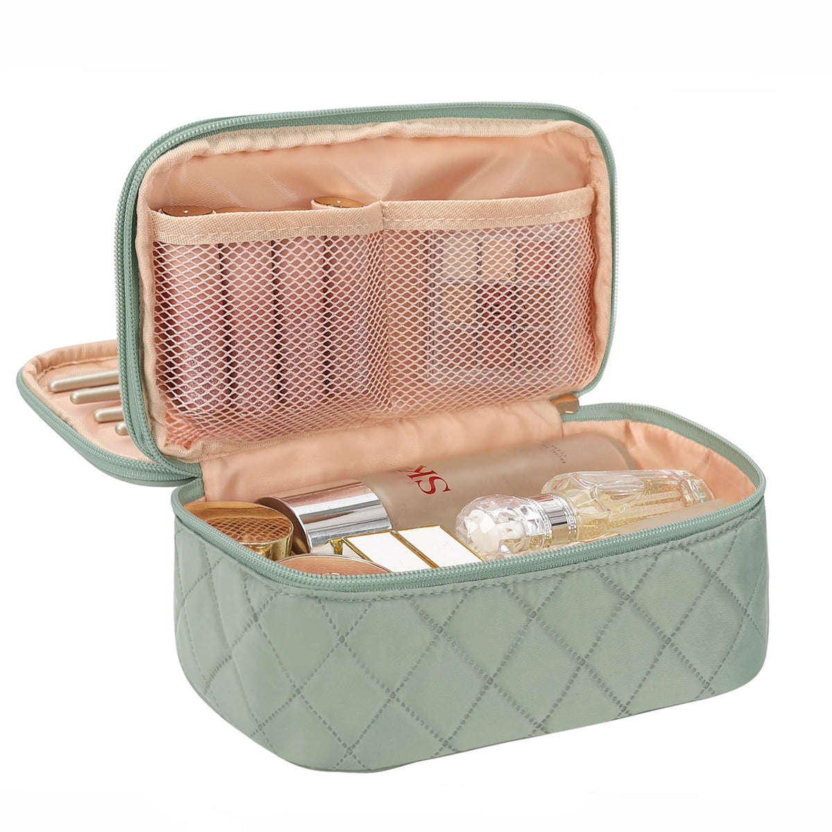 Relavel small makeup bag front view in green shows compact travel-ready design for daily use.