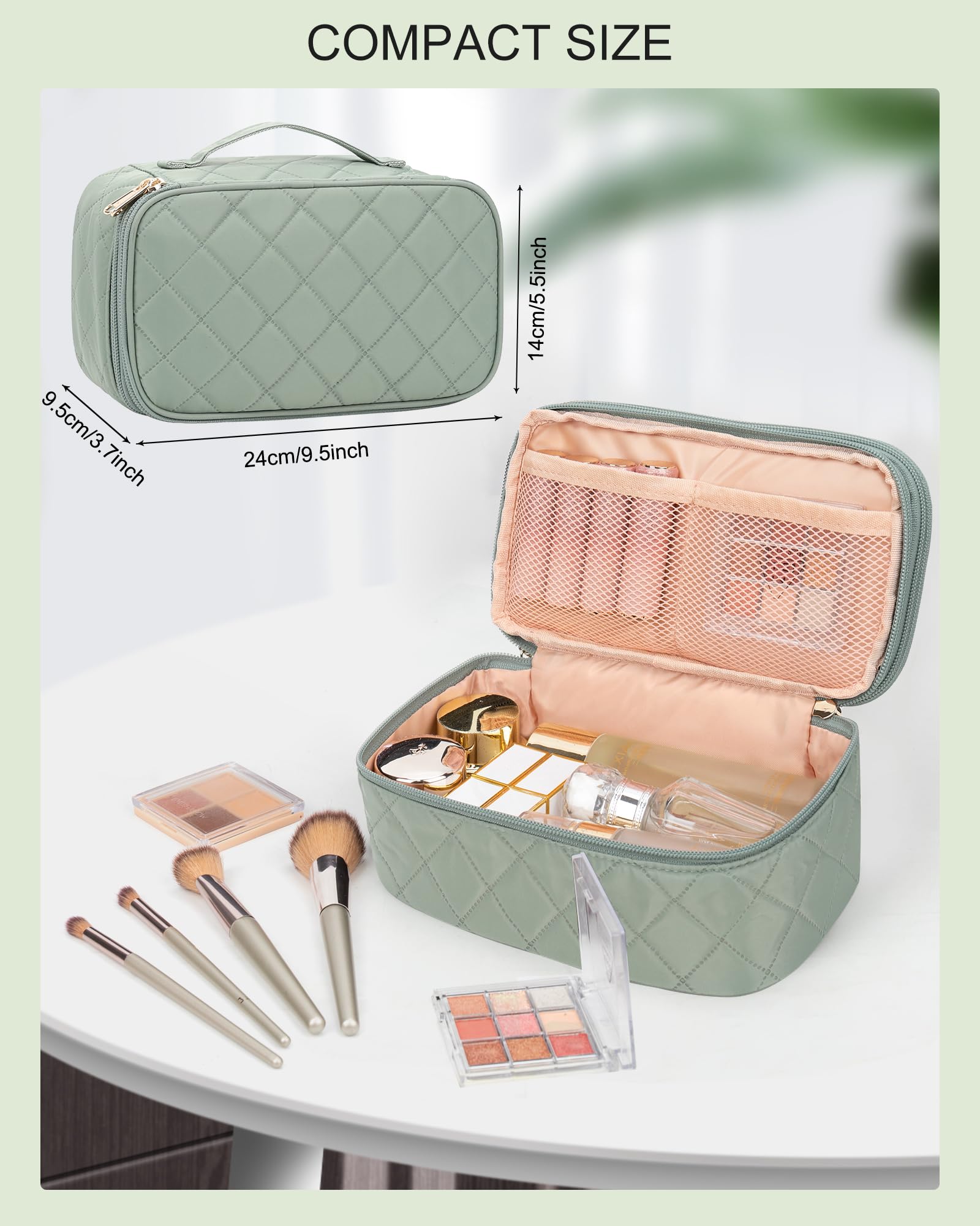 Relavel small makeup bag inside double-layer compartments keeps cosmetics organized during busy trips.