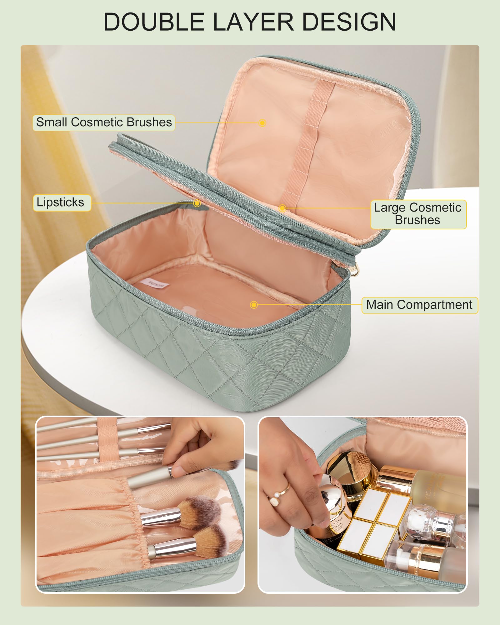 Relavel small makeup bag waterproof interior resists spills during travel and daily commutes.