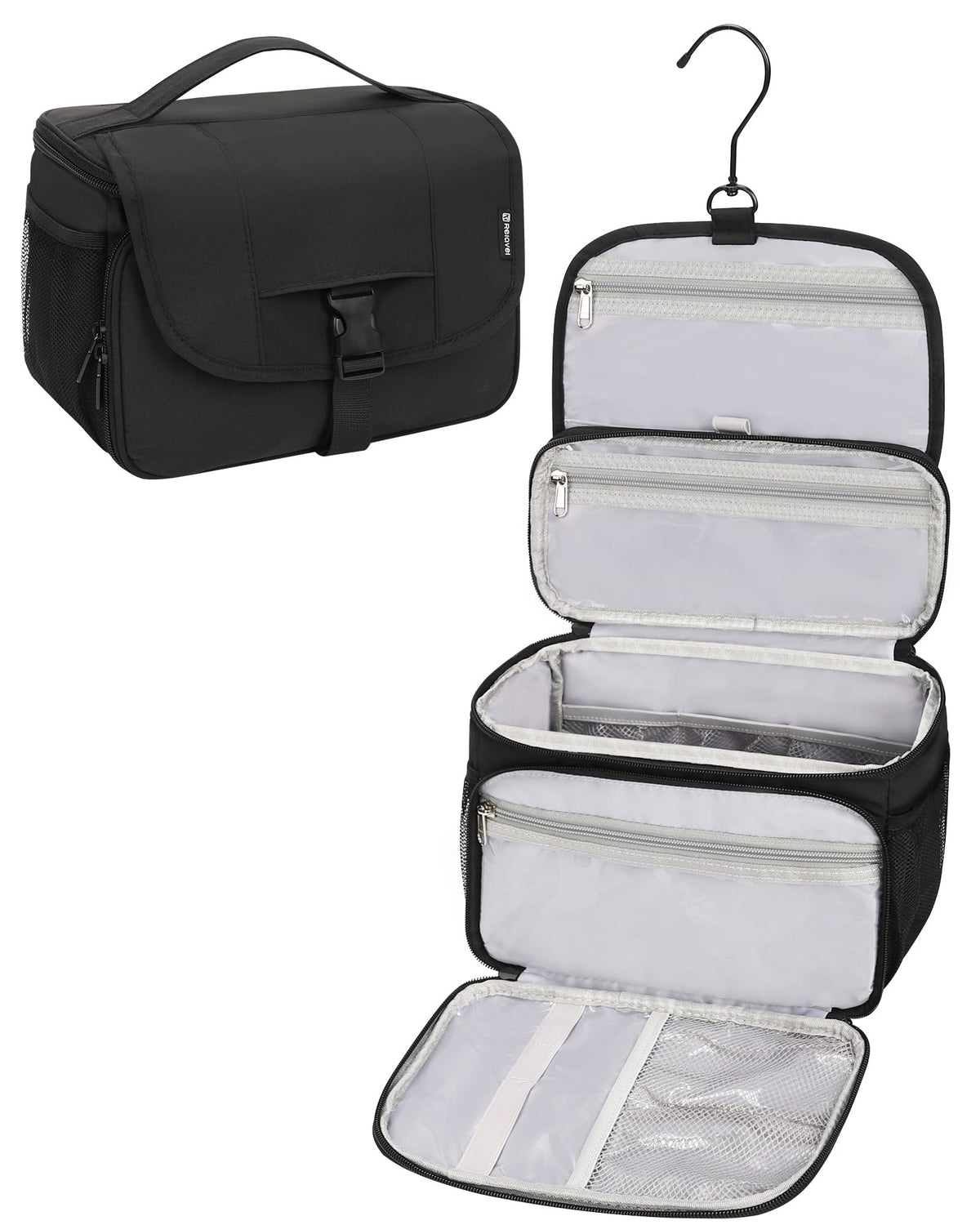Relavel Toiletry Bag front view showing spacious main compartment for streamlined travel organization