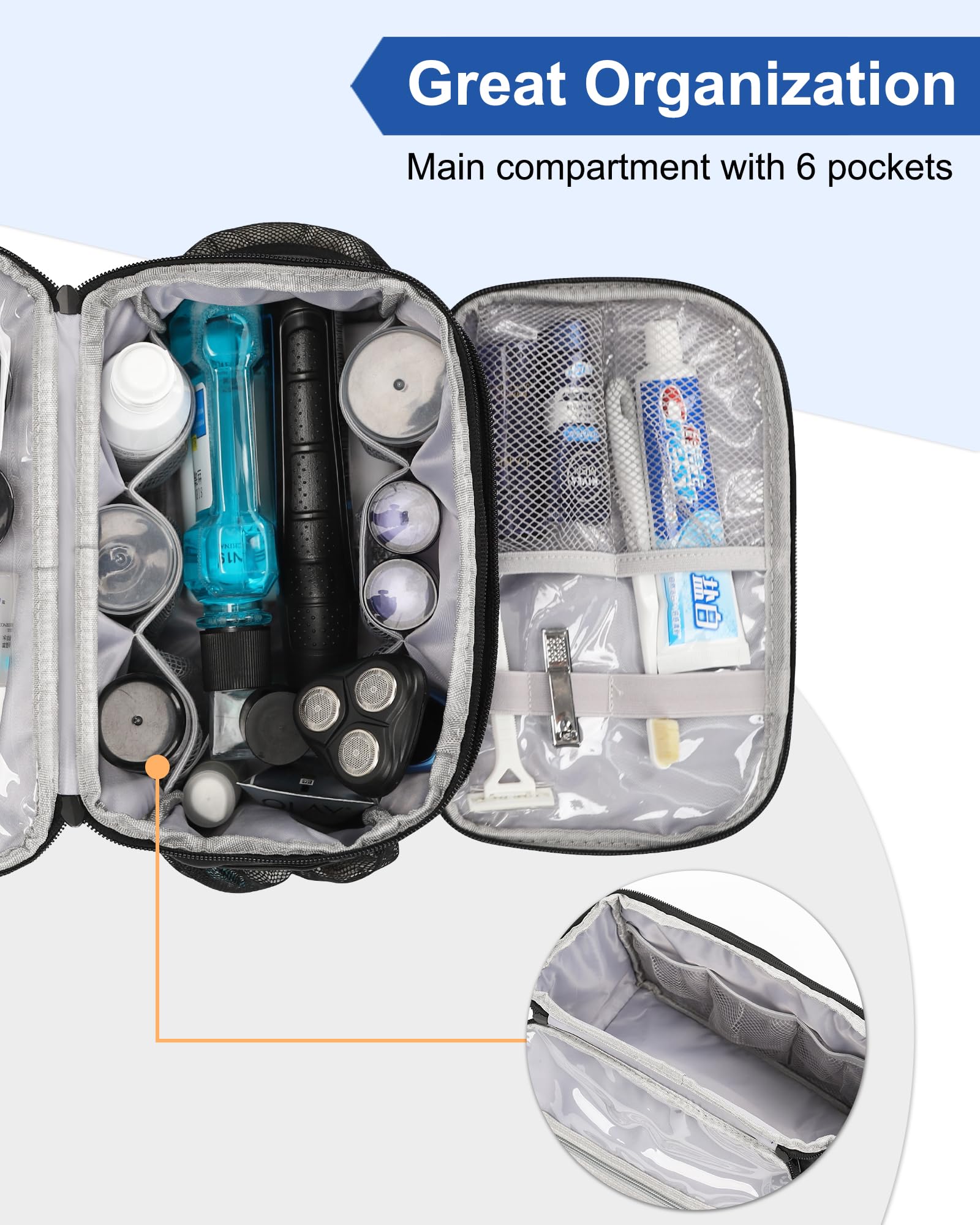 Relavel Toiletry Bag main compartment ready for travel essentials like shampoo and shaver